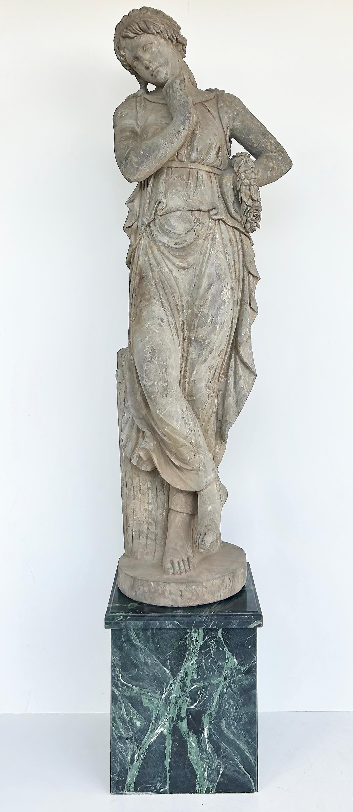 20th Century Lifesize Antique Classical Female Carved  Stone Statue on a Marble Base For Sale