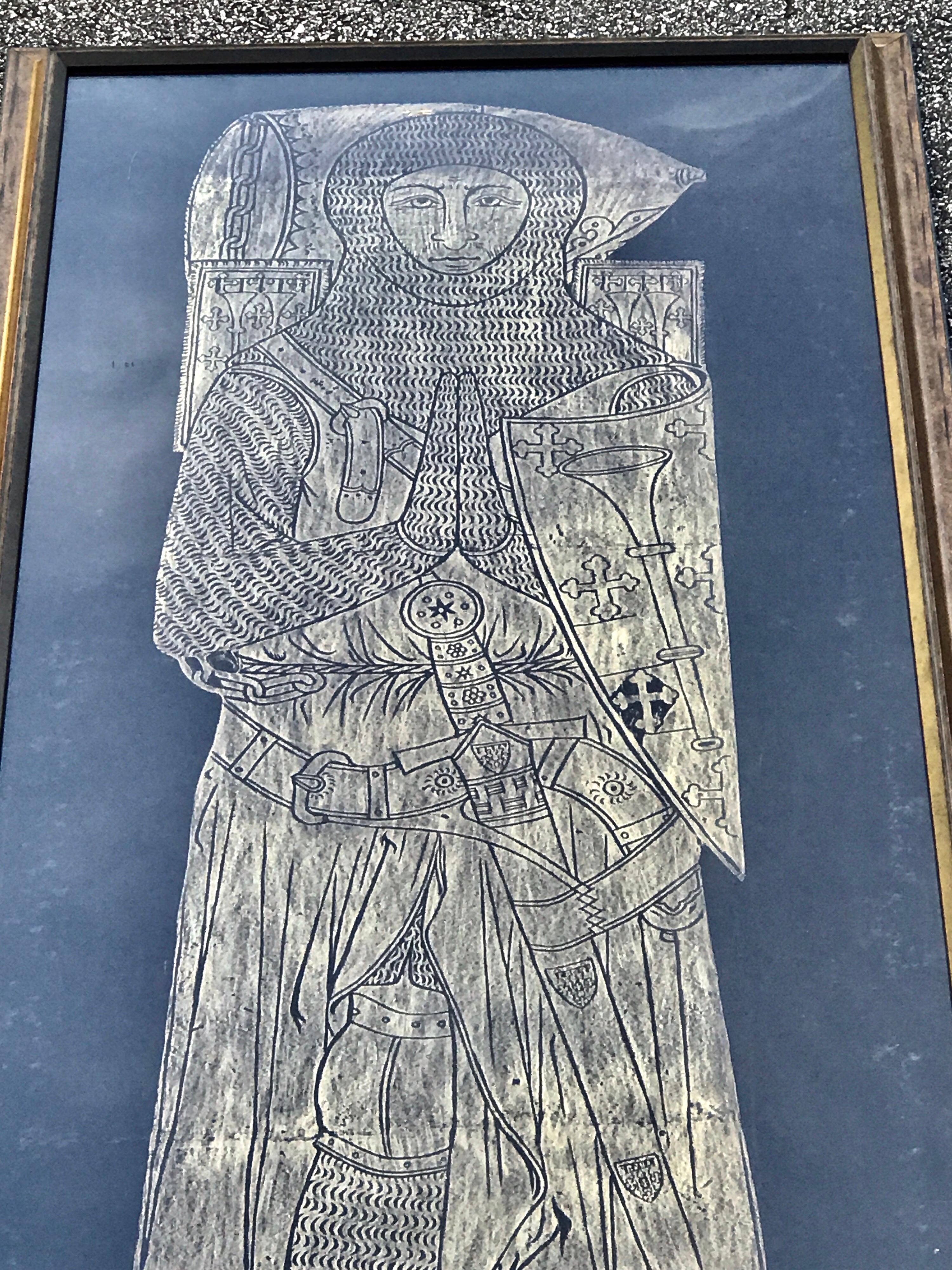 Sir Roger de Trumpington in Armour, Trumpington Church, Cambridgeshire
Wax rubbing on paper, done from the actual effigy/relic on site in 1977
Inscribed on bottom 