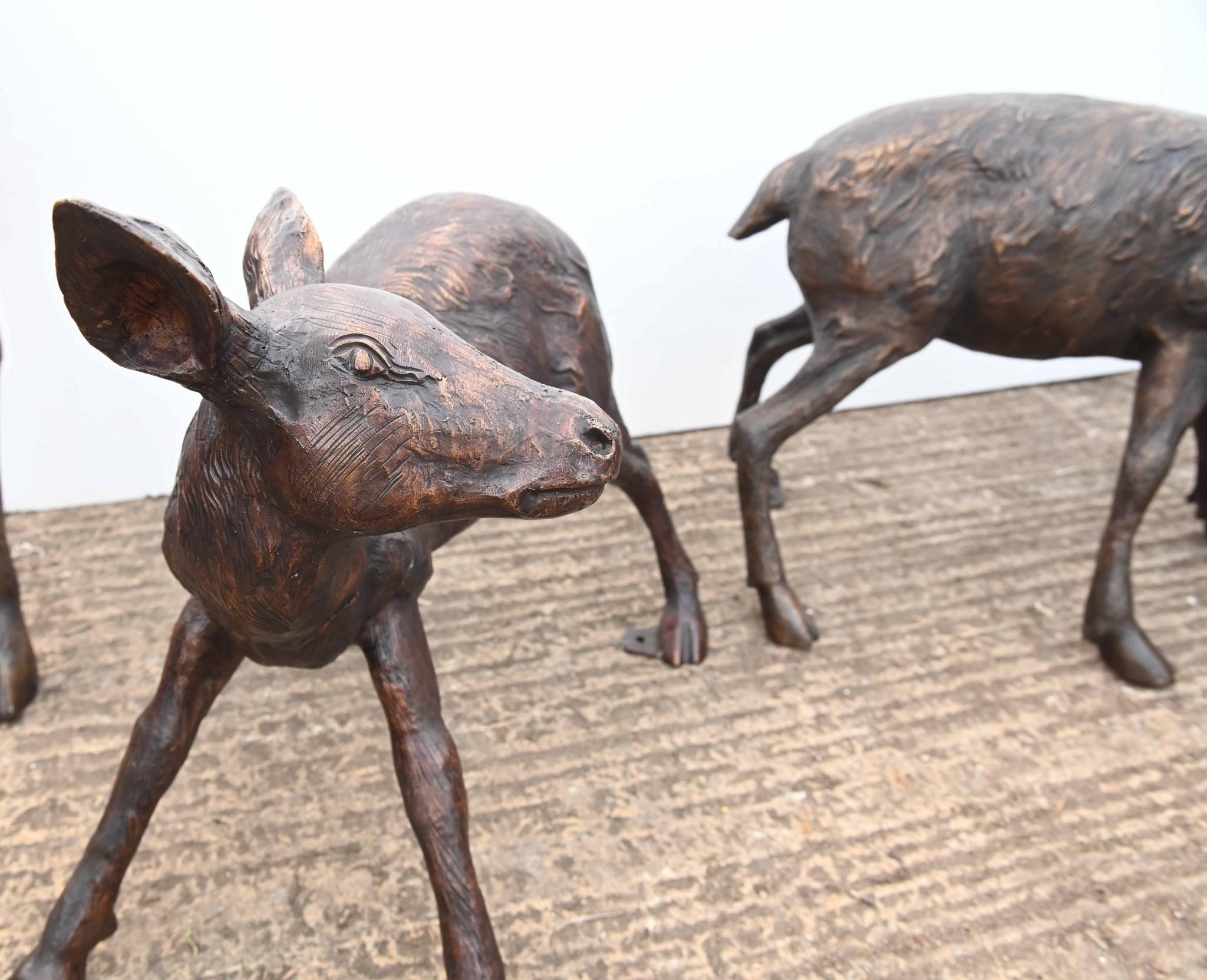 Gorgeous bronze deer family - four in total
Casting is superb and the patina is wonderful
Even a little fawn in the group
The largest deer is over four feet tall - 127 CM
Of course being bronze these can live outside with no fear of rusting
Great