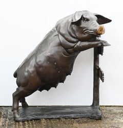 Lifesize Bronze Pig Statue Watching Sow Garden Art