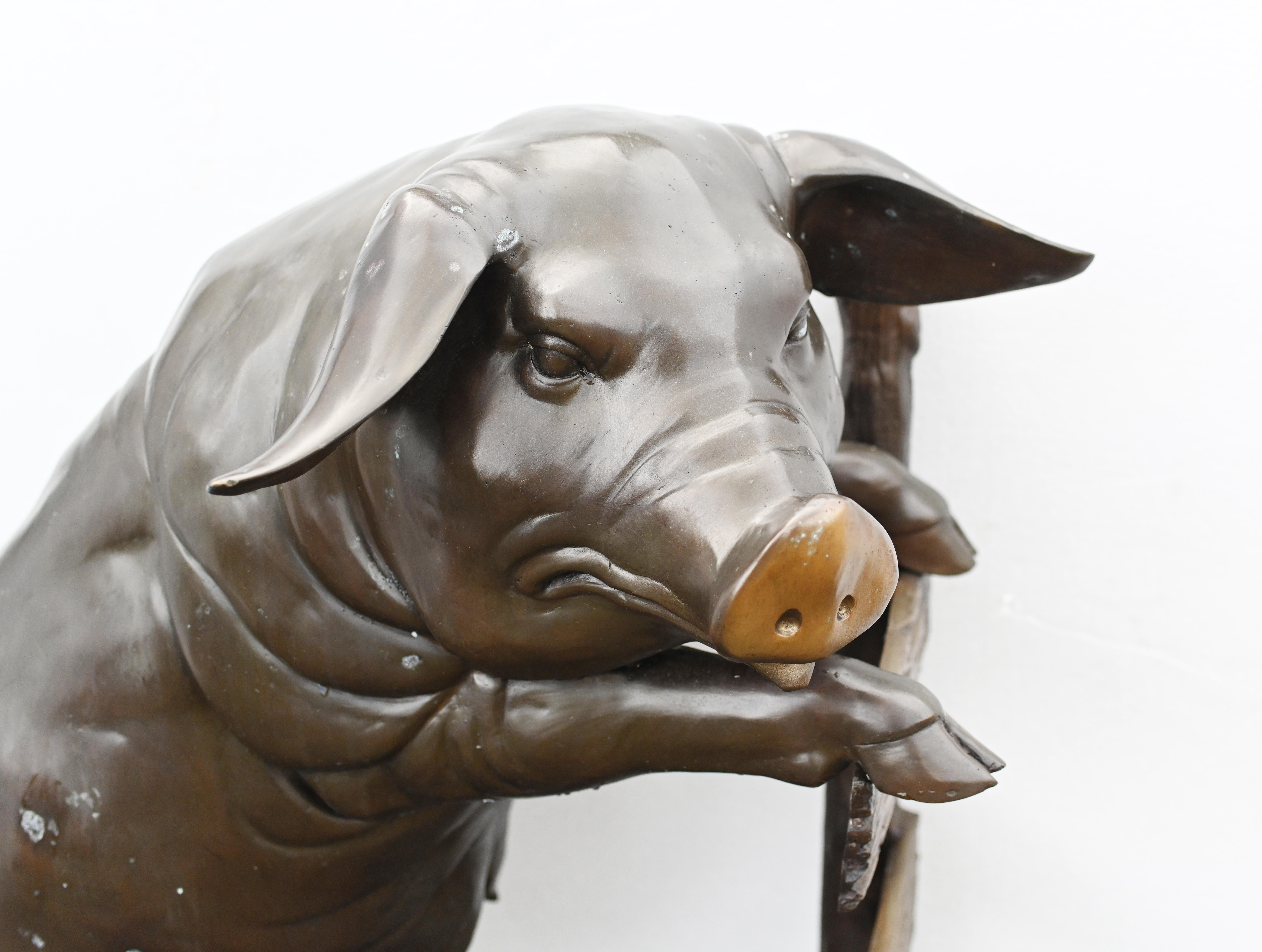 Late 20th Century Lifesize Bronze Pig Statue Watching Sow Garden Art