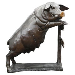 Vintage Lifesize Bronze Pig Statue Watching Sow Garden Art