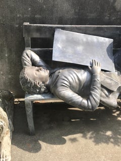 Lifesize Bronze Sleeping Tom Sawyer on Bench