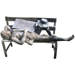 Vintage Lifesize Bronze Sleeping Tom Sawyer on Bench