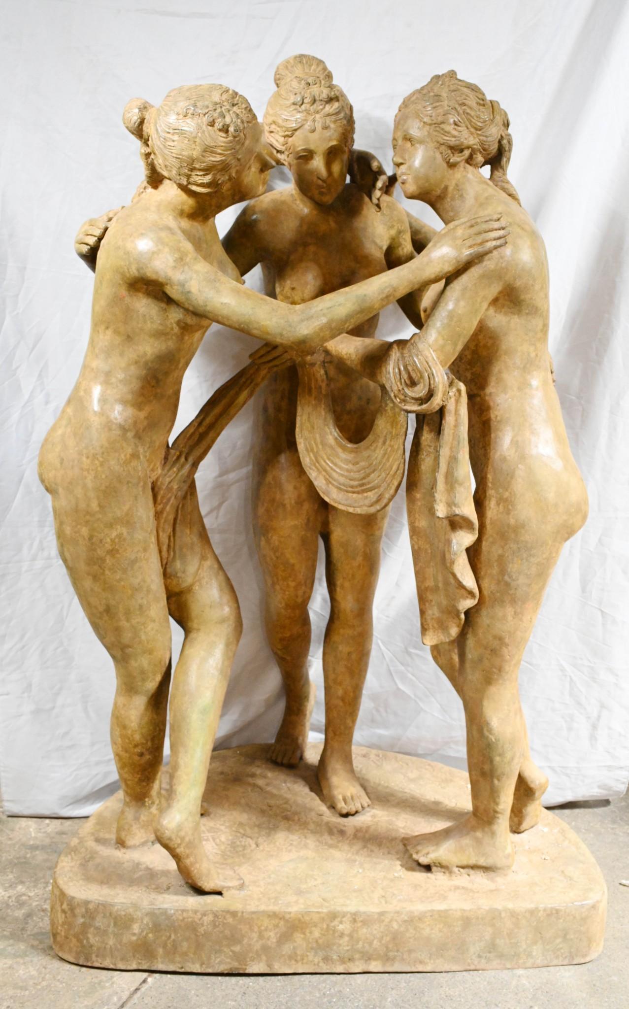 - Stunning bronze statue of the famous Three Graces from Greek and Roman mythology
- Lifesize piece at over five feet tall
- Each of the three figurines represents charm, beauty and creativity
- I love the verdis gris patina to the bronze
- The