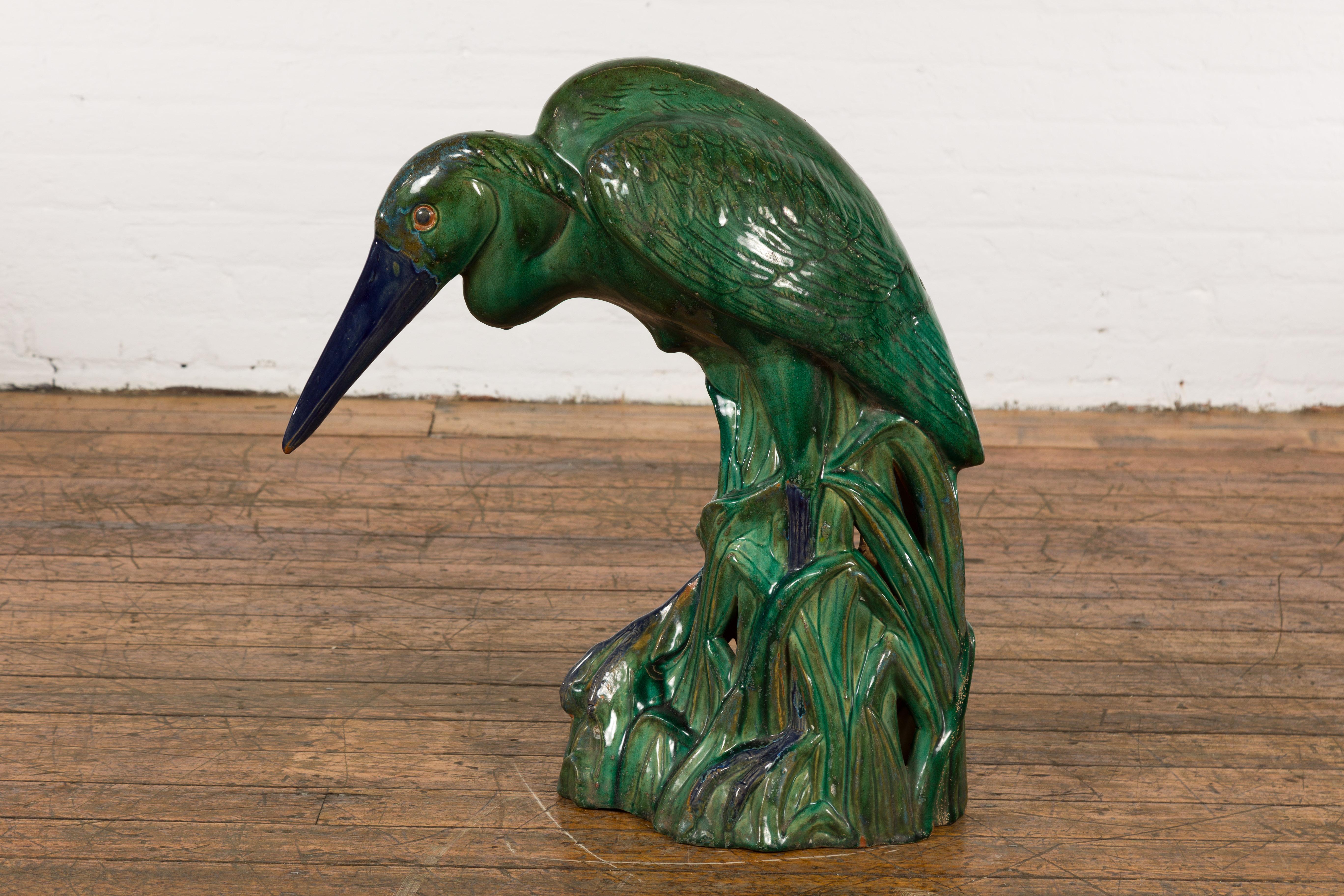 Lifesize Chinese Vintage Green and Blue Glazed Ceramic Heron Bird Sculpture For Sale 4