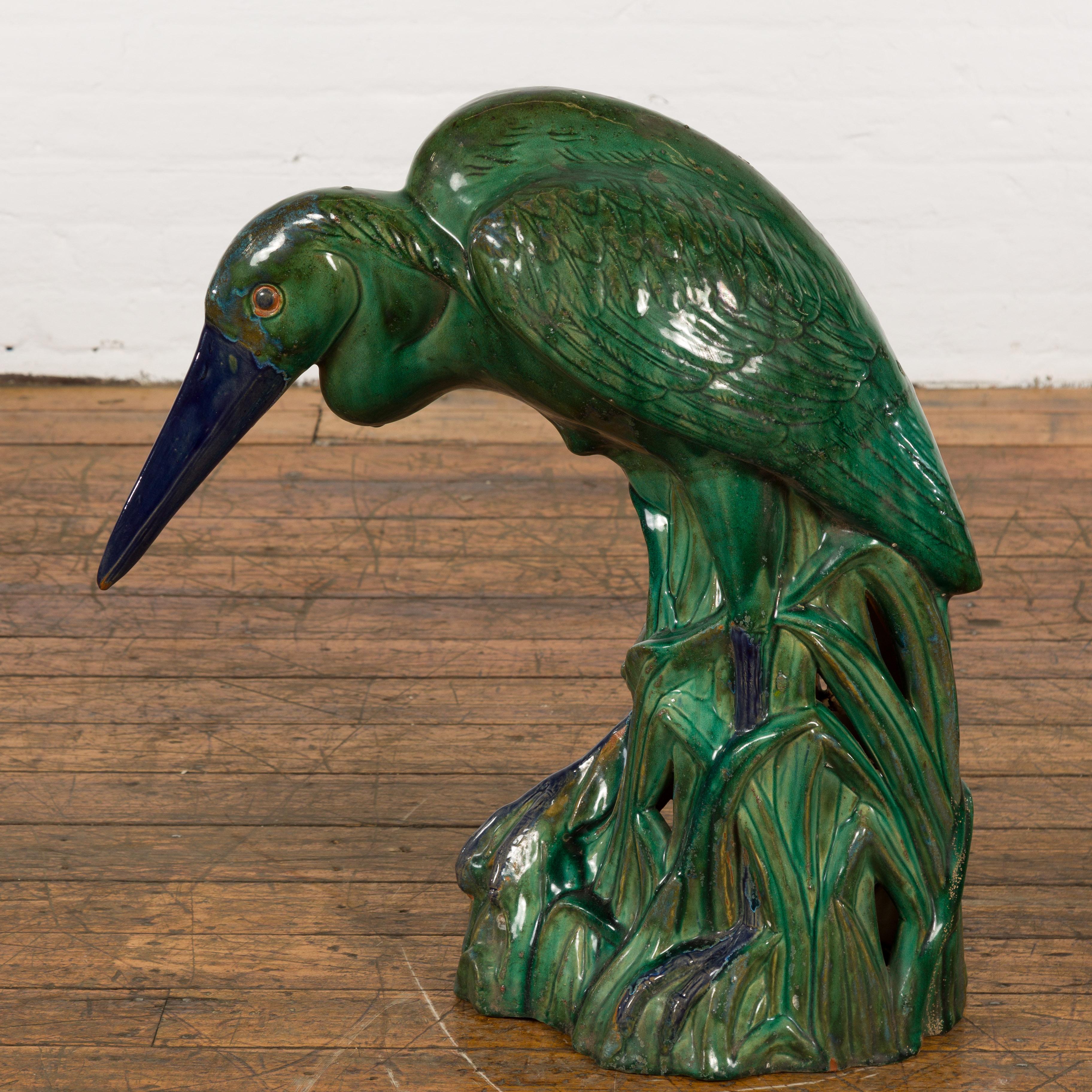 Lifesize Chinese Vintage Green and Blue Glazed Ceramic Heron Bird Sculpture For Sale 5