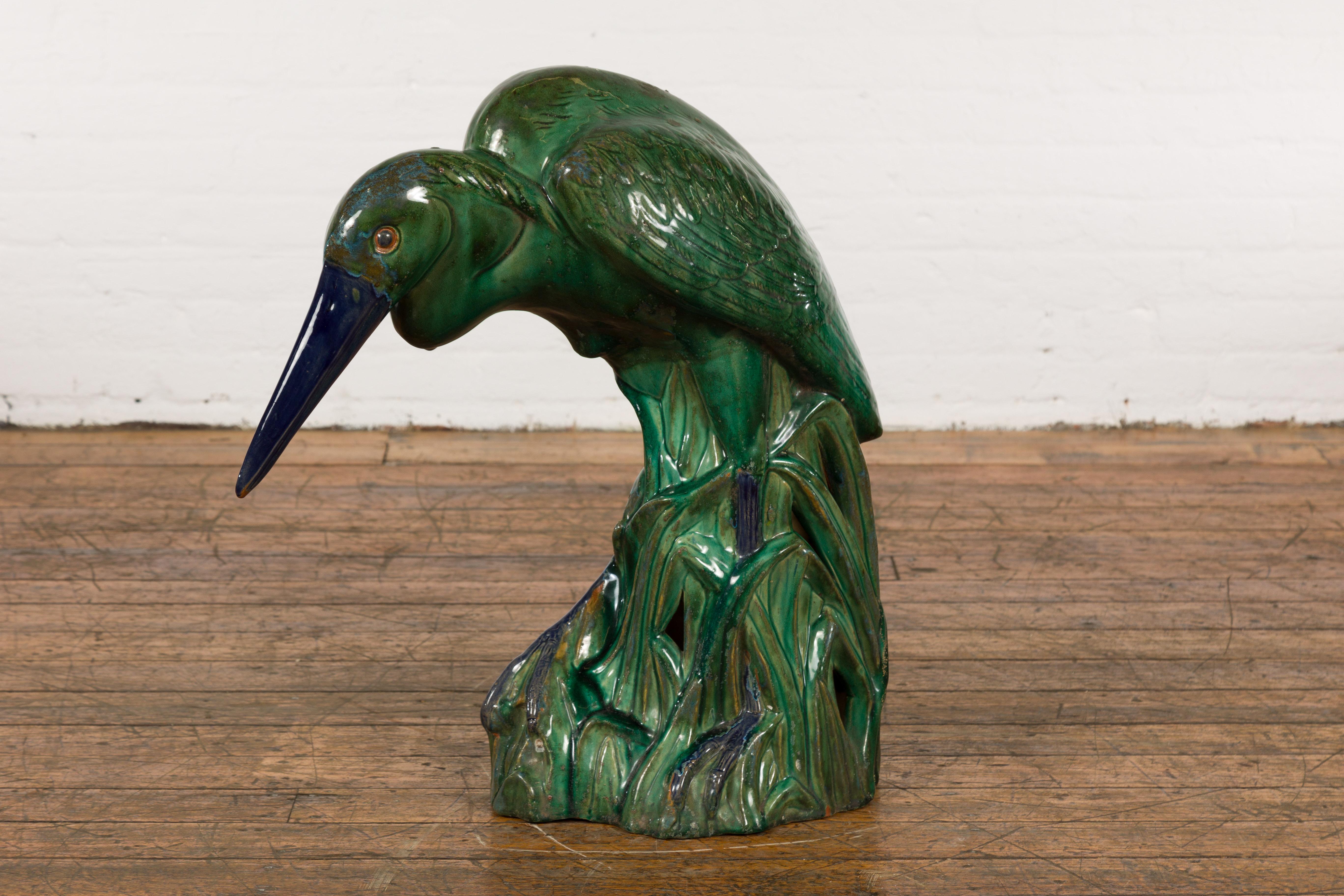 Lifesize Chinese Vintage Green and Blue Glazed Ceramic Heron Bird Sculpture For Sale 6