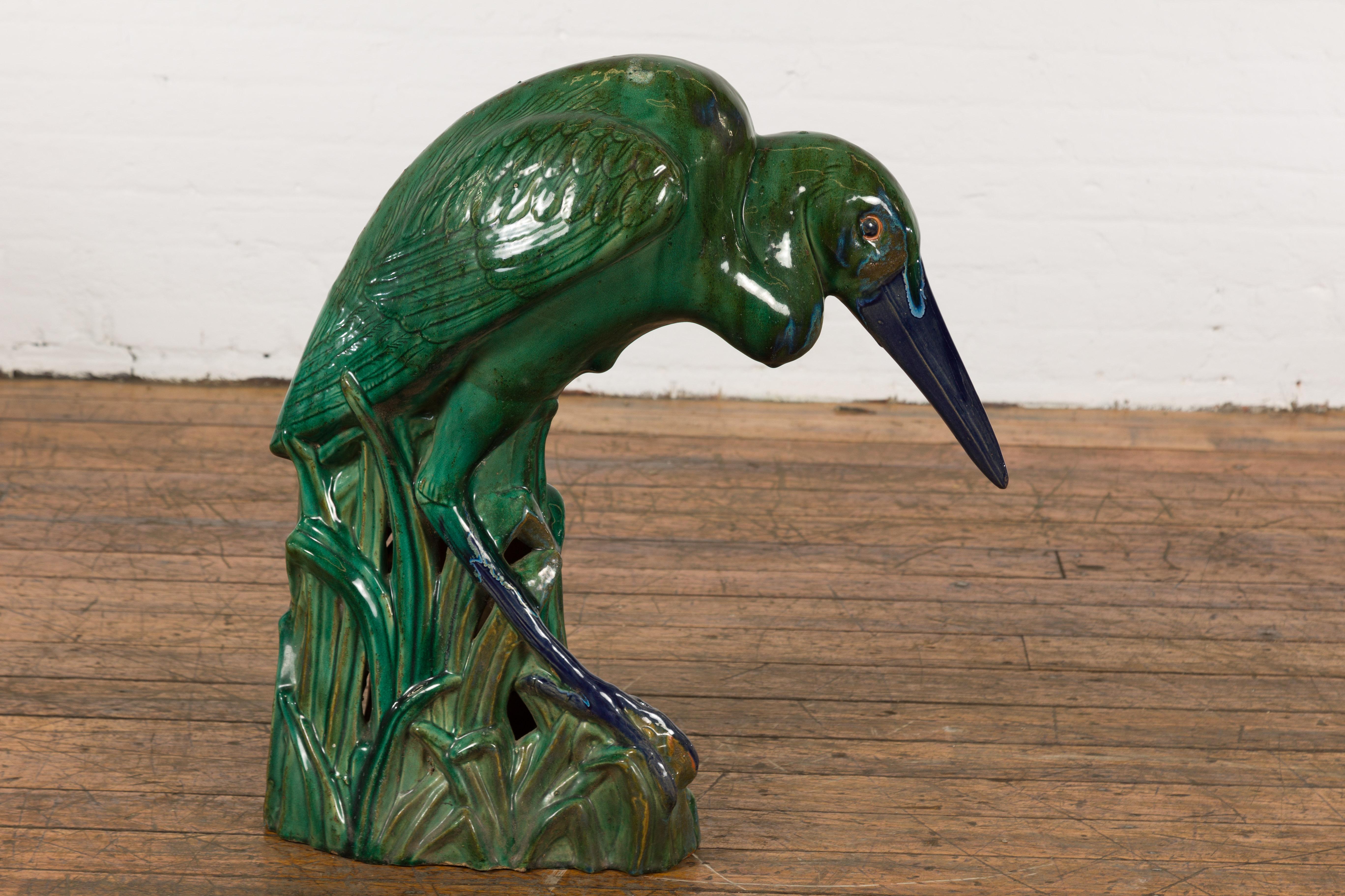 Lifesize Chinese Vintage Green and Blue Glazed Ceramic Heron Bird Sculpture For Sale 8