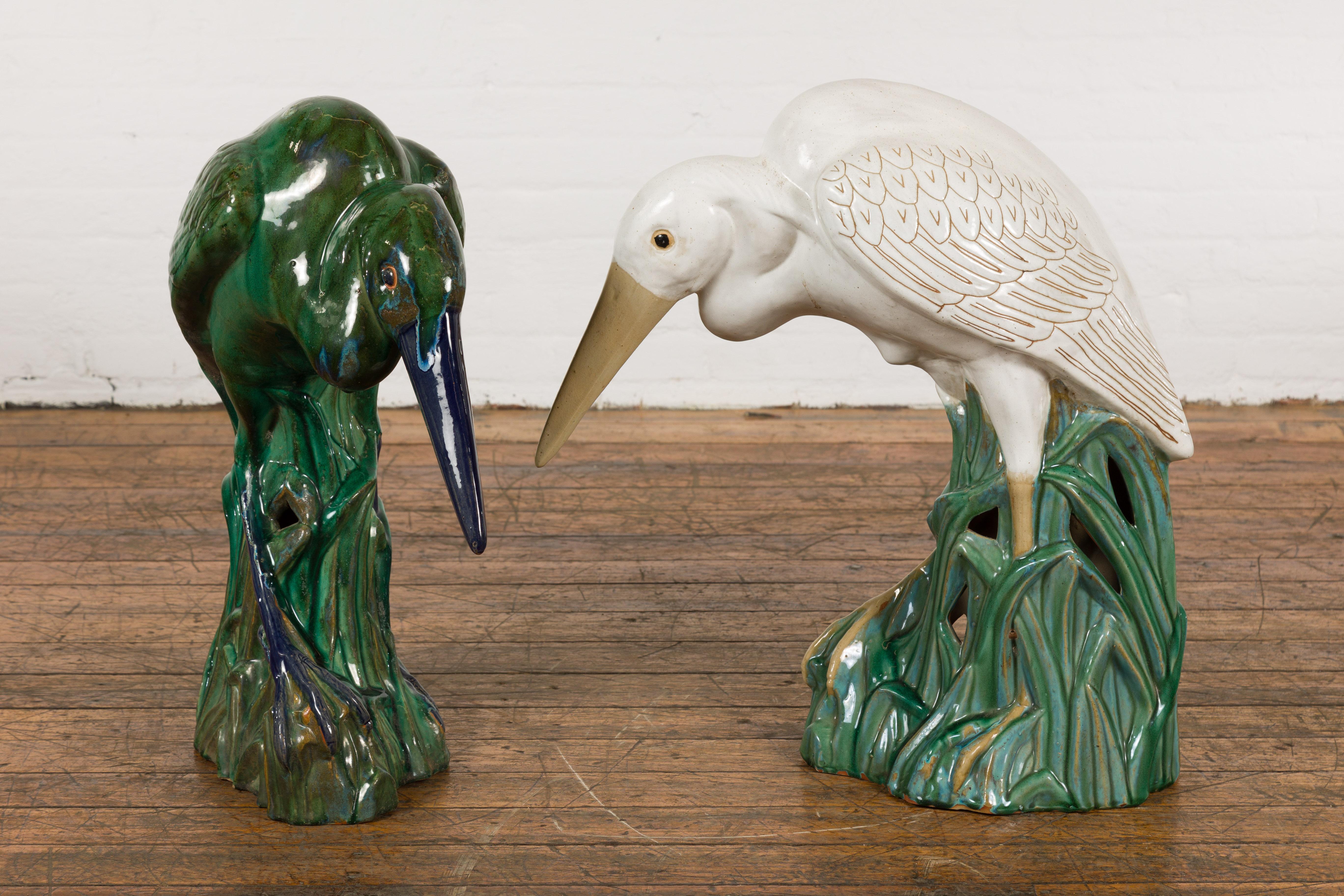 Lifesize Chinese Vintage Green and Blue Glazed Ceramic Heron Bird Sculpture For Sale 9