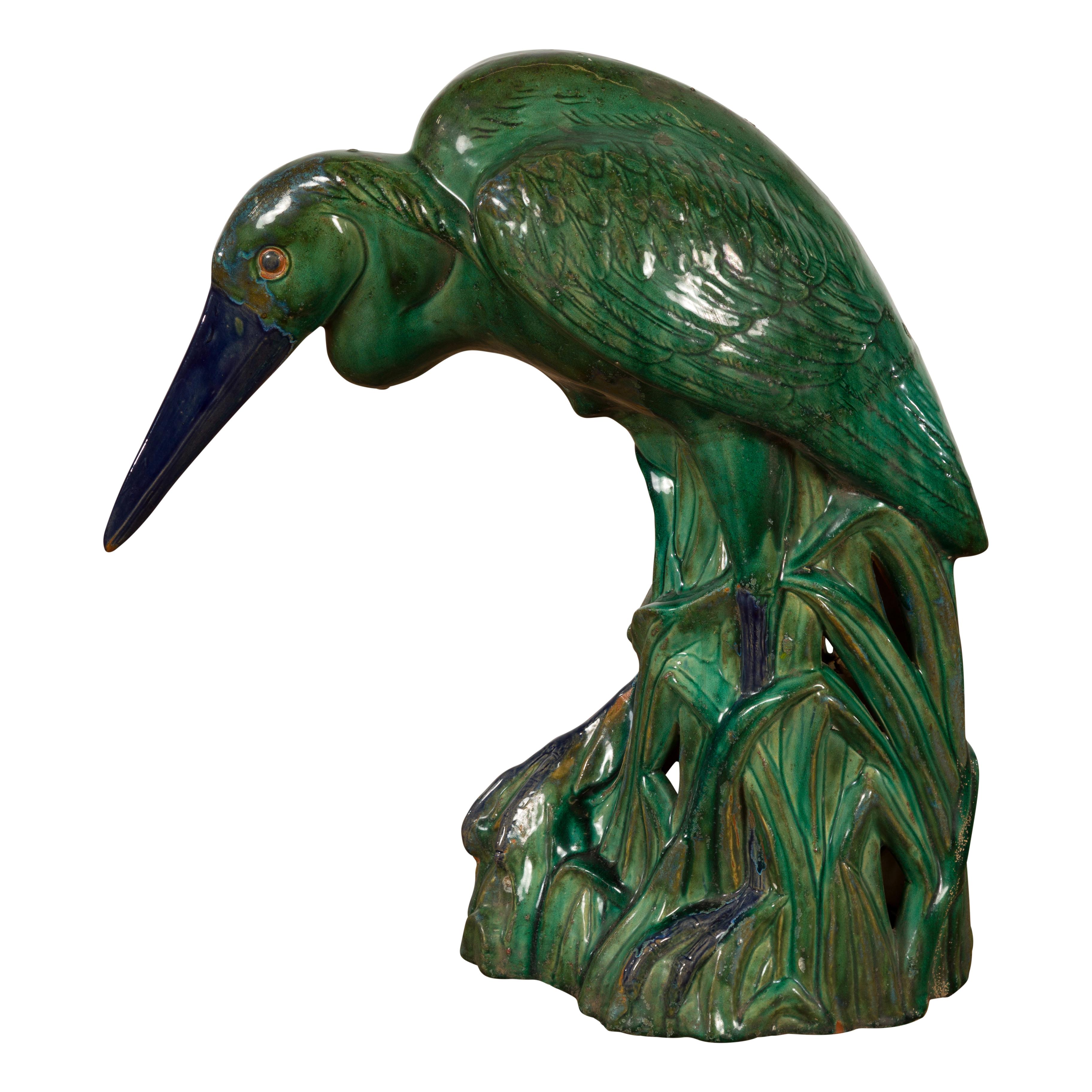 Lifesize Chinese Vintage Green and Blue Glazed Ceramic Heron Bird Sculpture For Sale 10