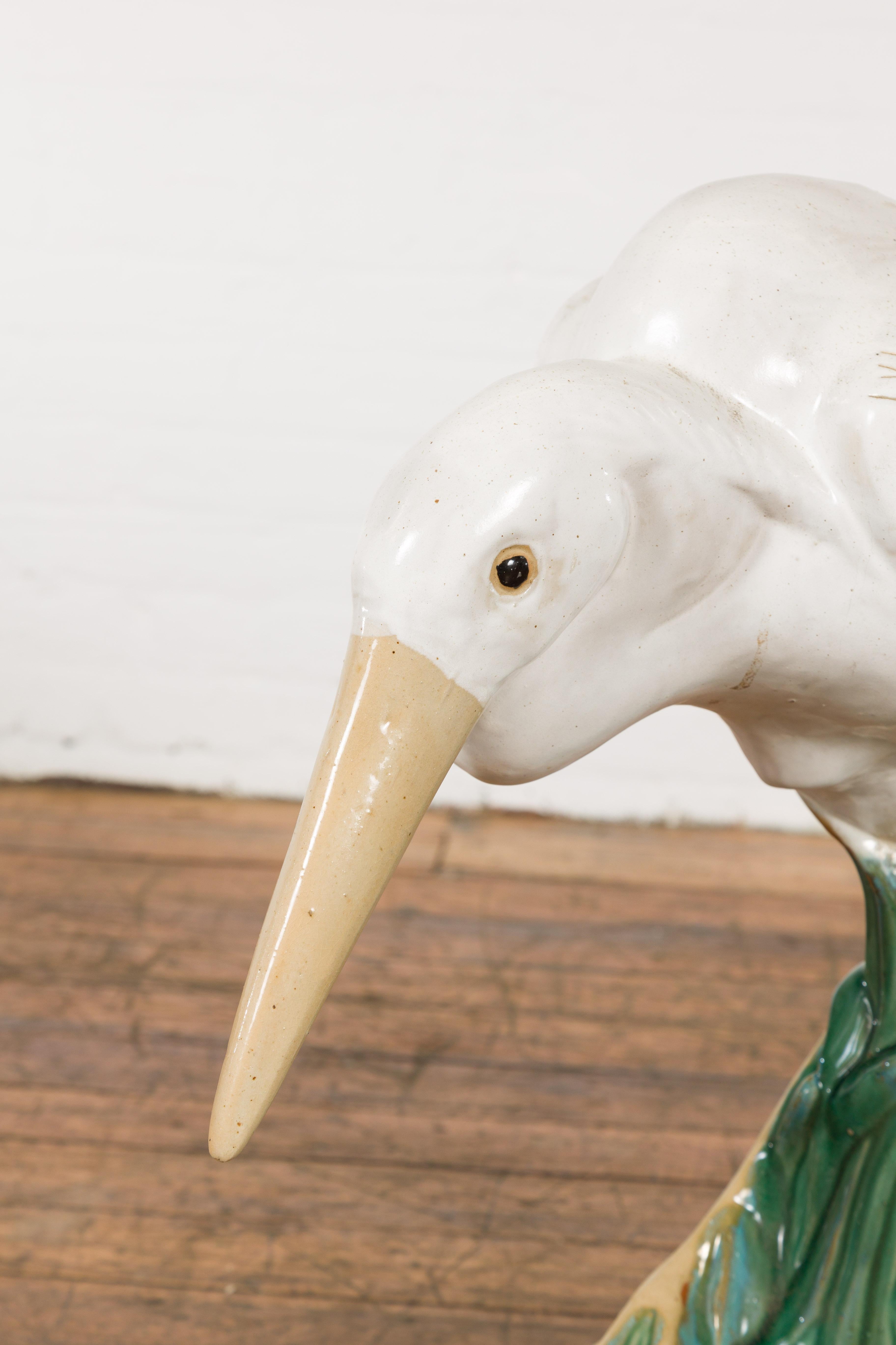 Vintage White and Cream Glazed Ceramic Heron Bird Sculpture For Sale 5