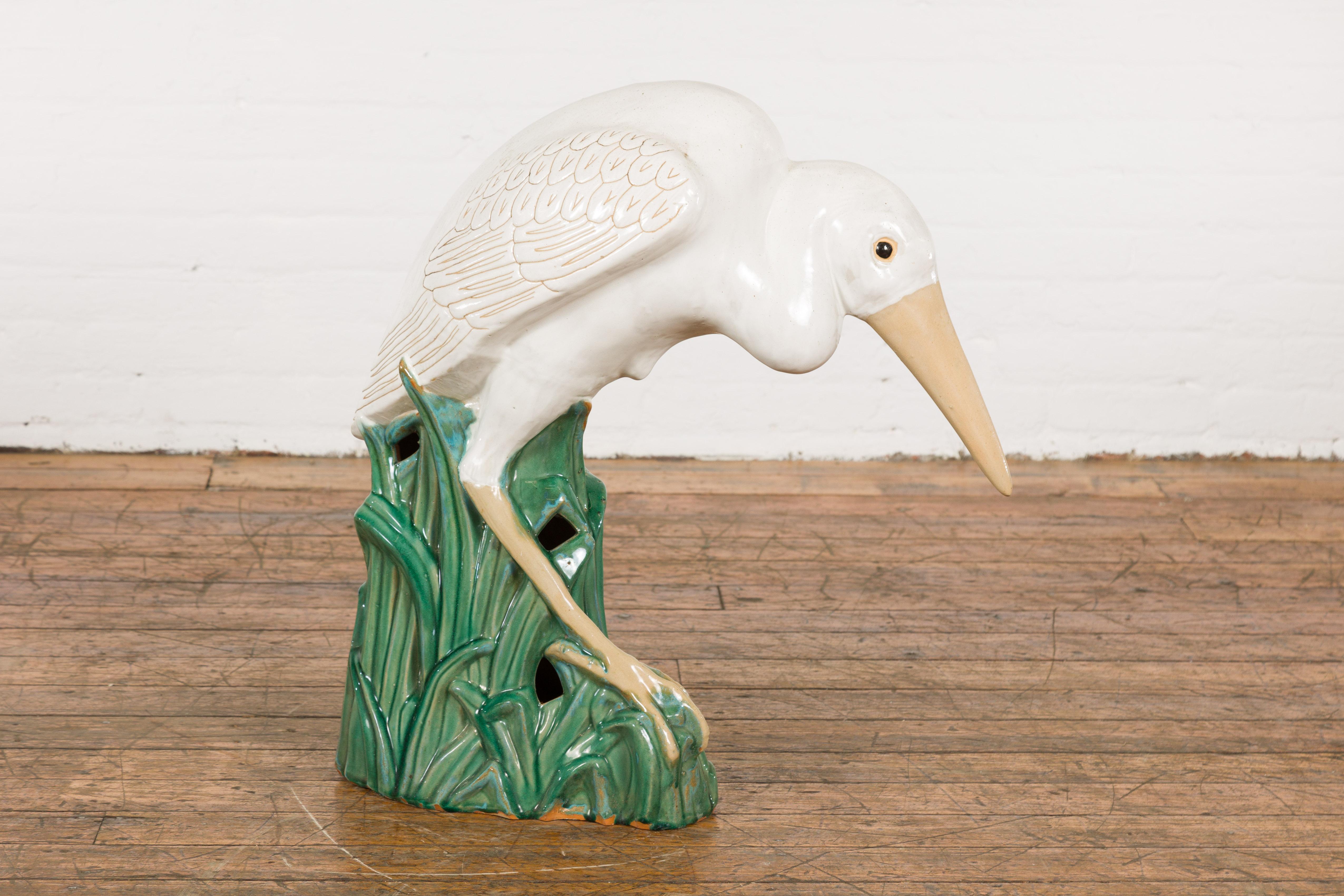 Mid-Century Modern Vintage White and Cream Glazed Ceramic Heron Bird Sculpture  For Sale