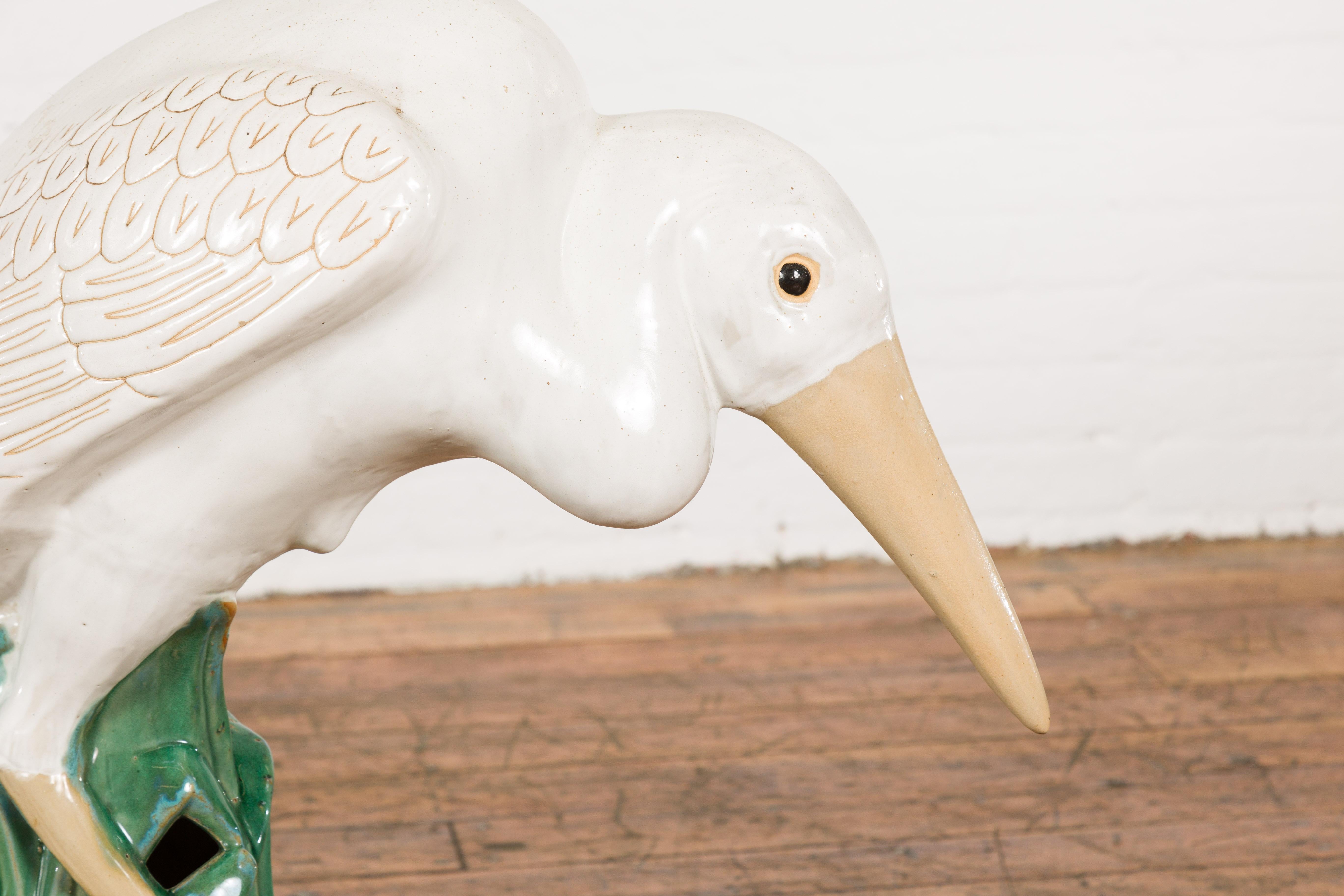 Chinese Vintage White and Cream Glazed Ceramic Heron Bird Sculpture  For Sale