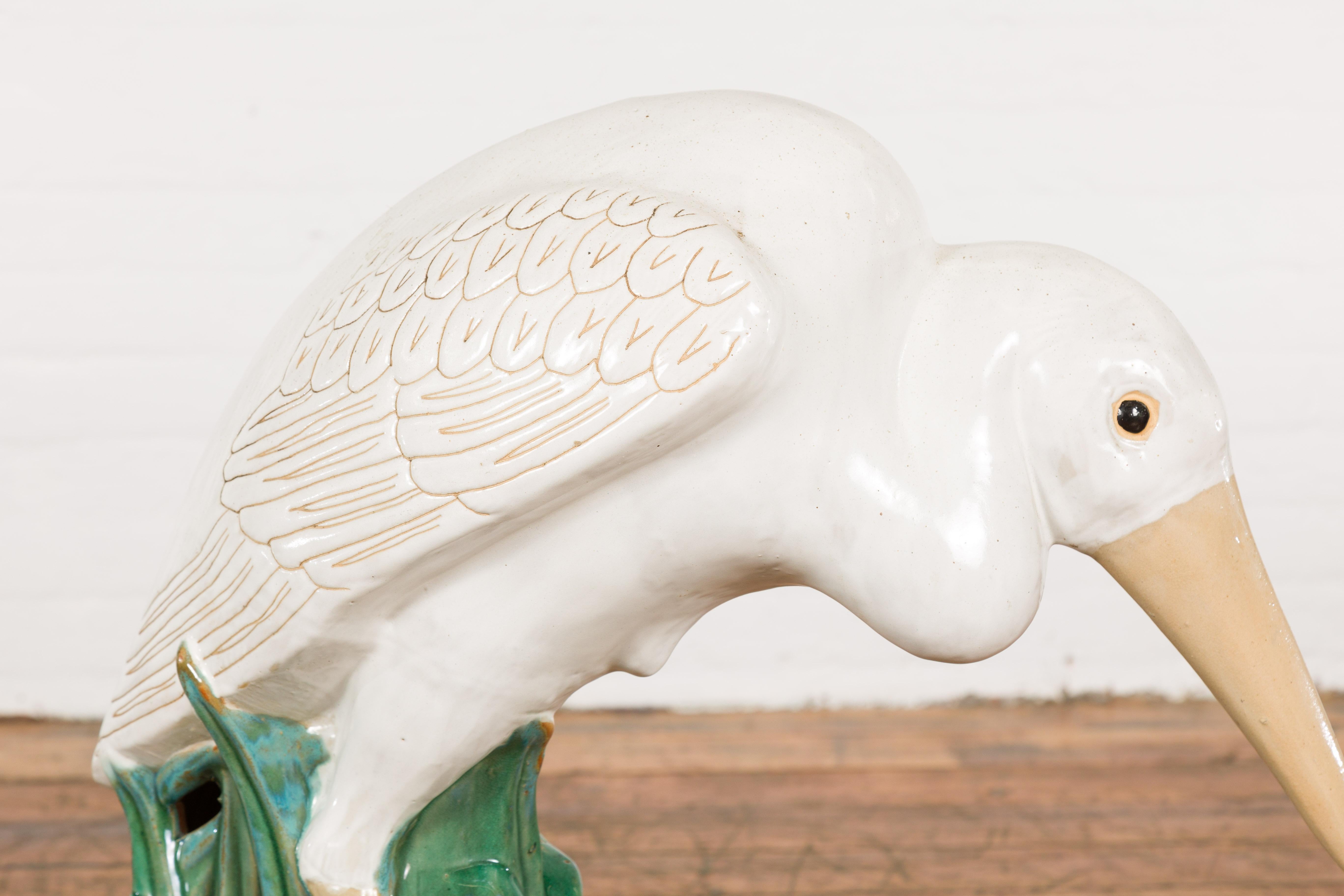 20th Century Vintage White and Cream Glazed Ceramic Heron Bird Sculpture  For Sale