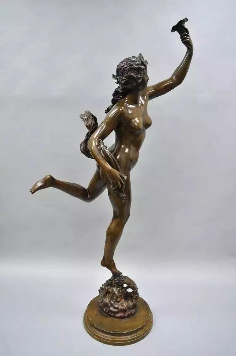 20ième siècle Statue de Nymphe en bronze de Cibardie, style Art Nouveau, femme nue, grandeur nature en vente