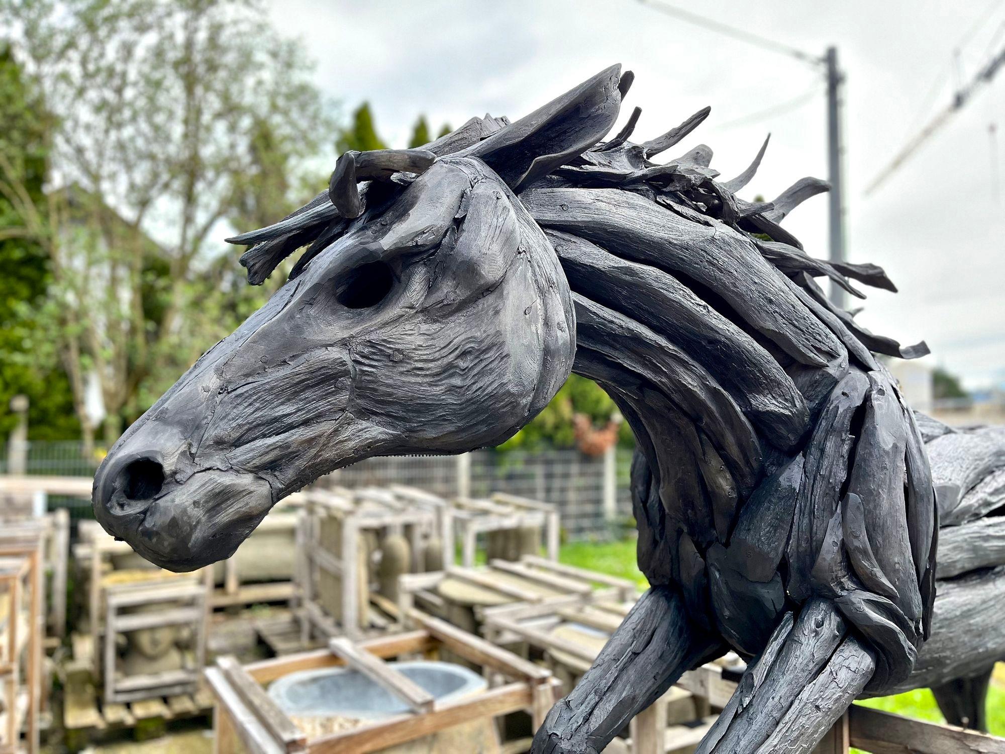 Organic Modern Lifesize Driftwood Black Horse Sculpture, Handcrafted by Artist, IDN 2024 For Sale