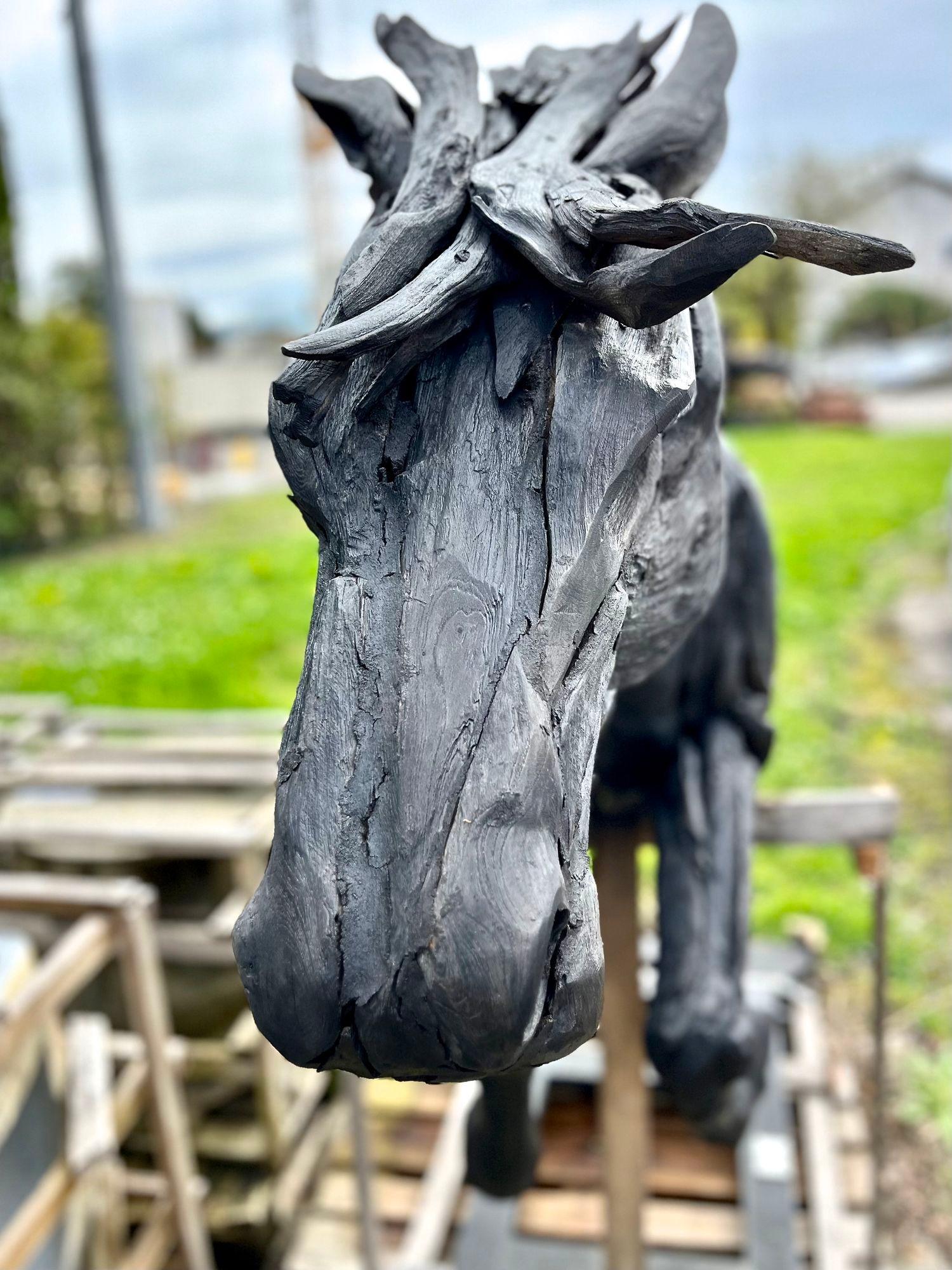 Hand-Crafted Lifesize Driftwood Black Horse Sculpture, Handcrafted by Artist, IDN 2024 For Sale