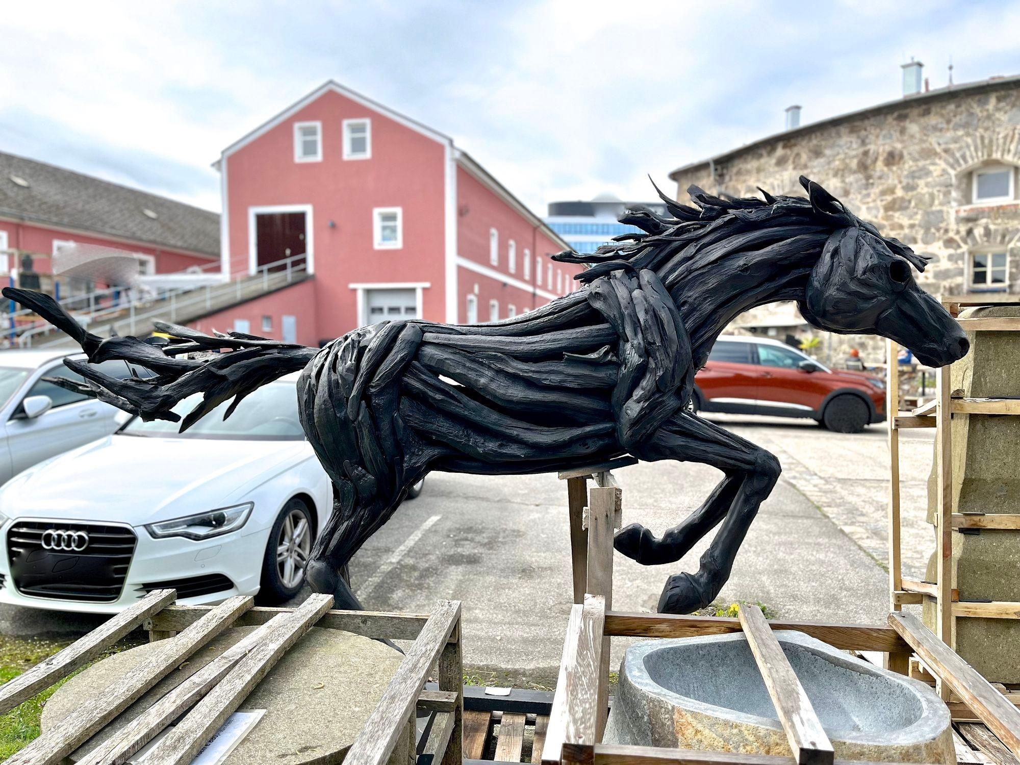 Contemporary Lifesize Driftwood Black Horse Sculpture, Handcrafted by Artist, IDN 2024 For Sale