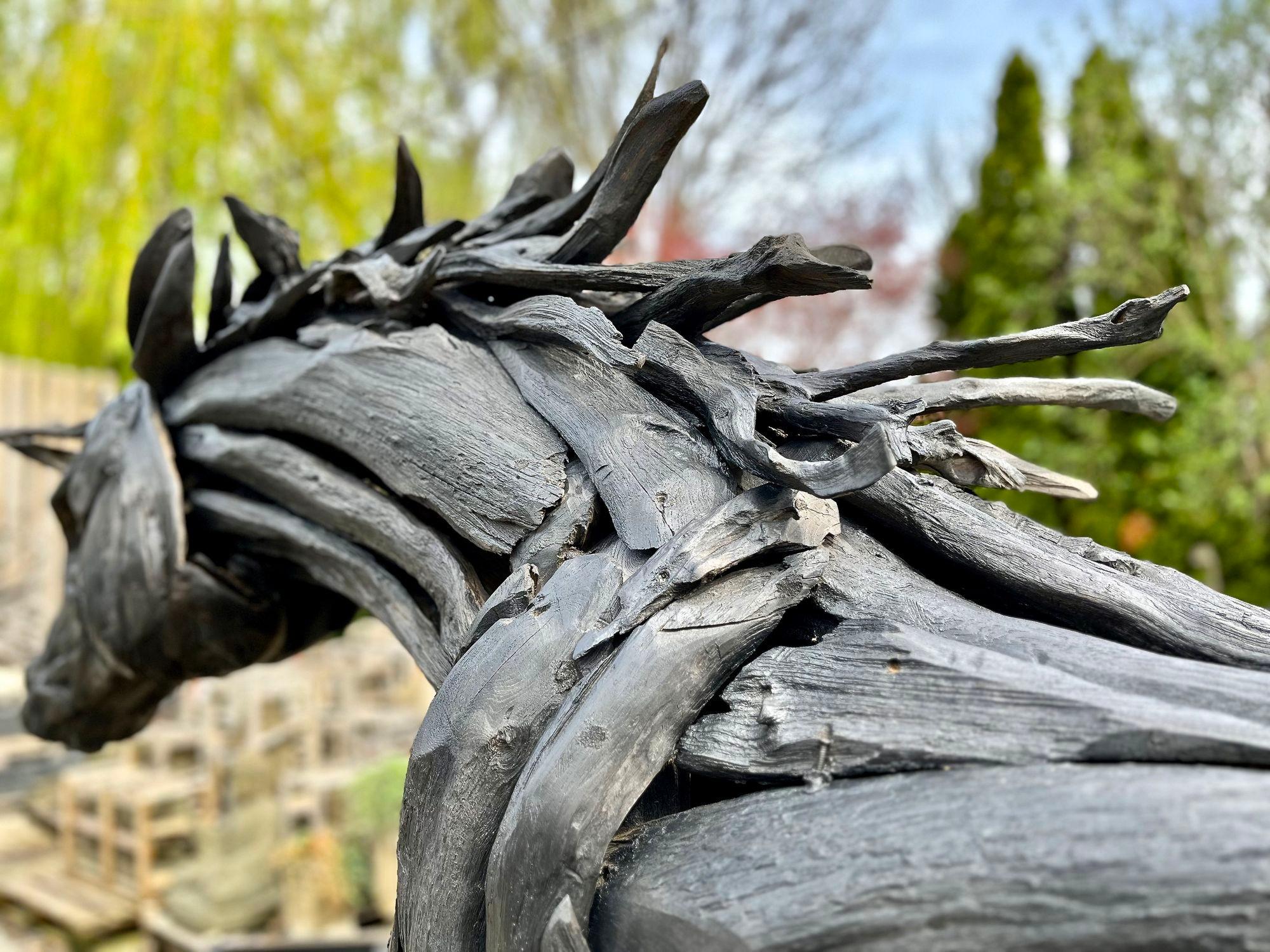 Lifesize Driftwood Black Horse Sculpture, Handcrafted by Artist, IDN 2024 For Sale 1