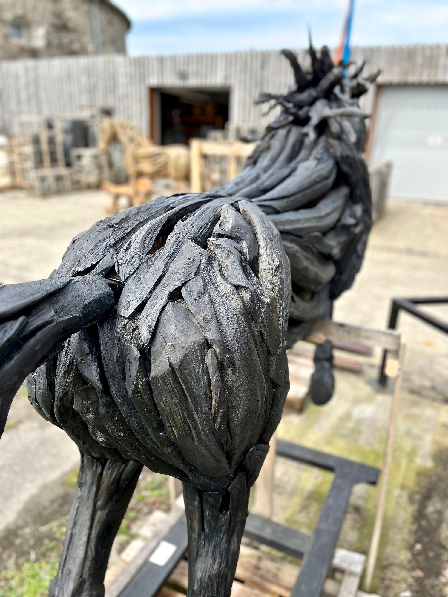 Lifesize Driftwood Black Horse Sculpture, Handcrafted by Artist, IDN 2024 For Sale 3