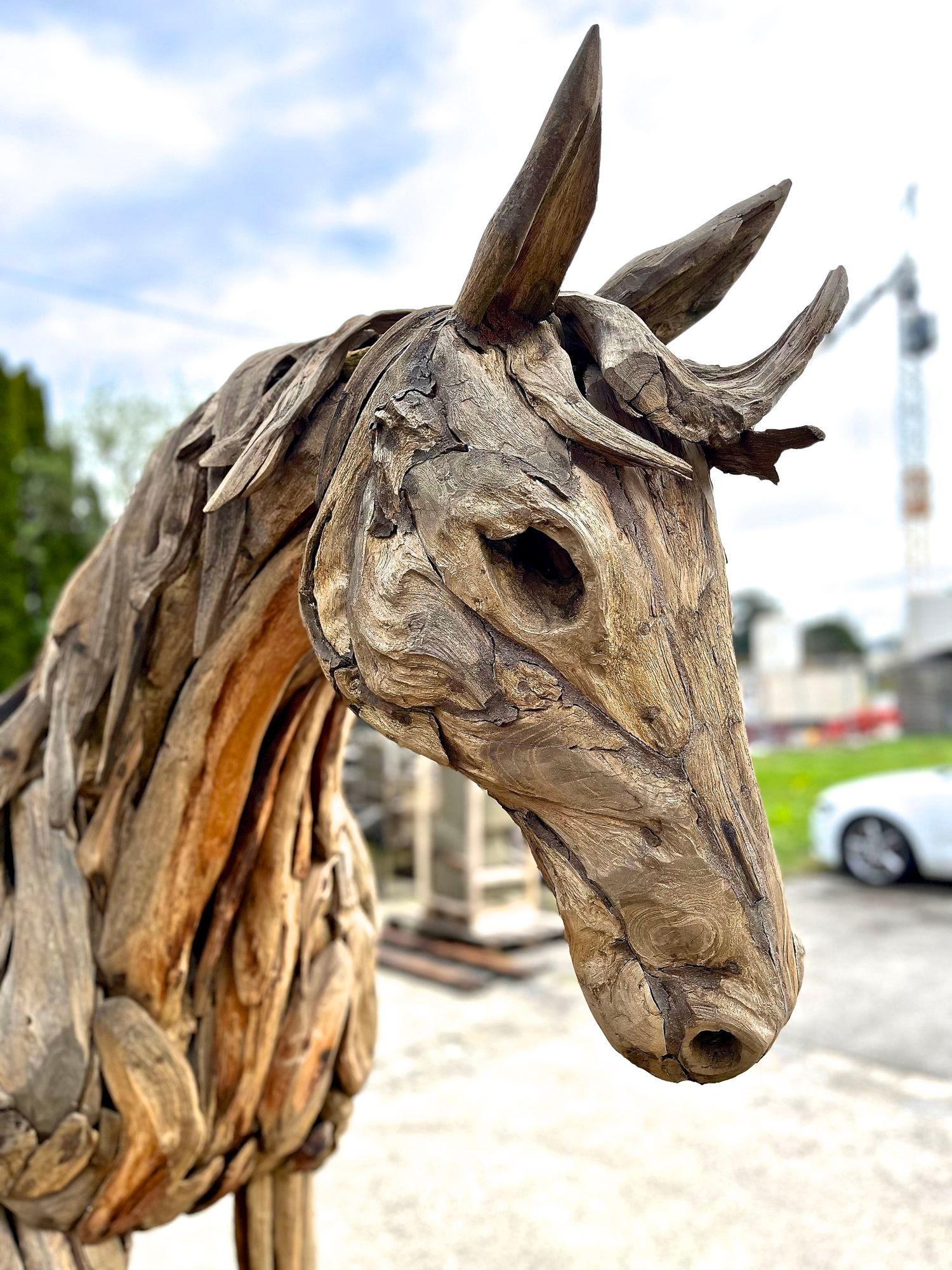 Hand-Crafted Lifesize Horse Scultpure, Driftwood With Metal Frame, IDN 2024 For Sale
