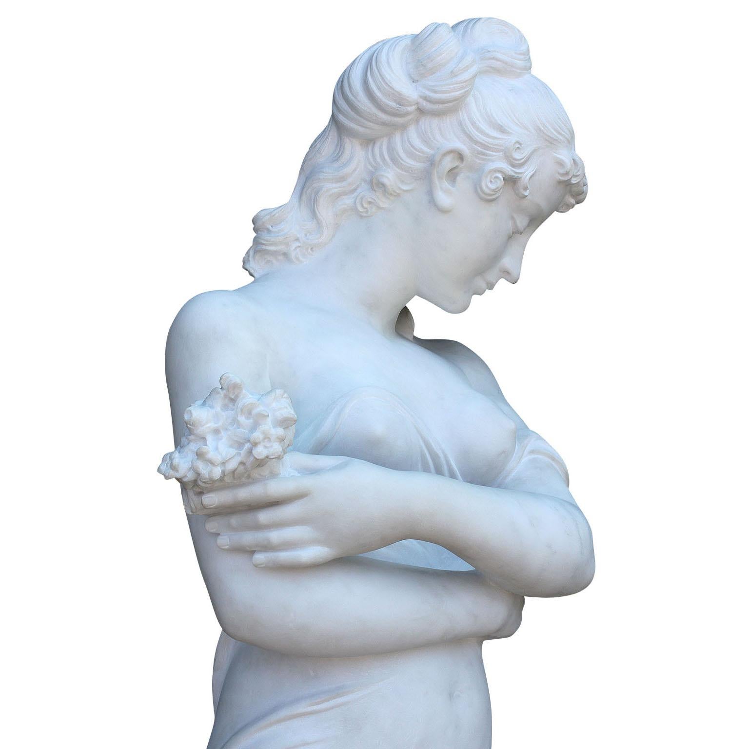 Lifesize Italian 20th Century Carved Carrara Marble Figure of a Semi-Nude Girl 4