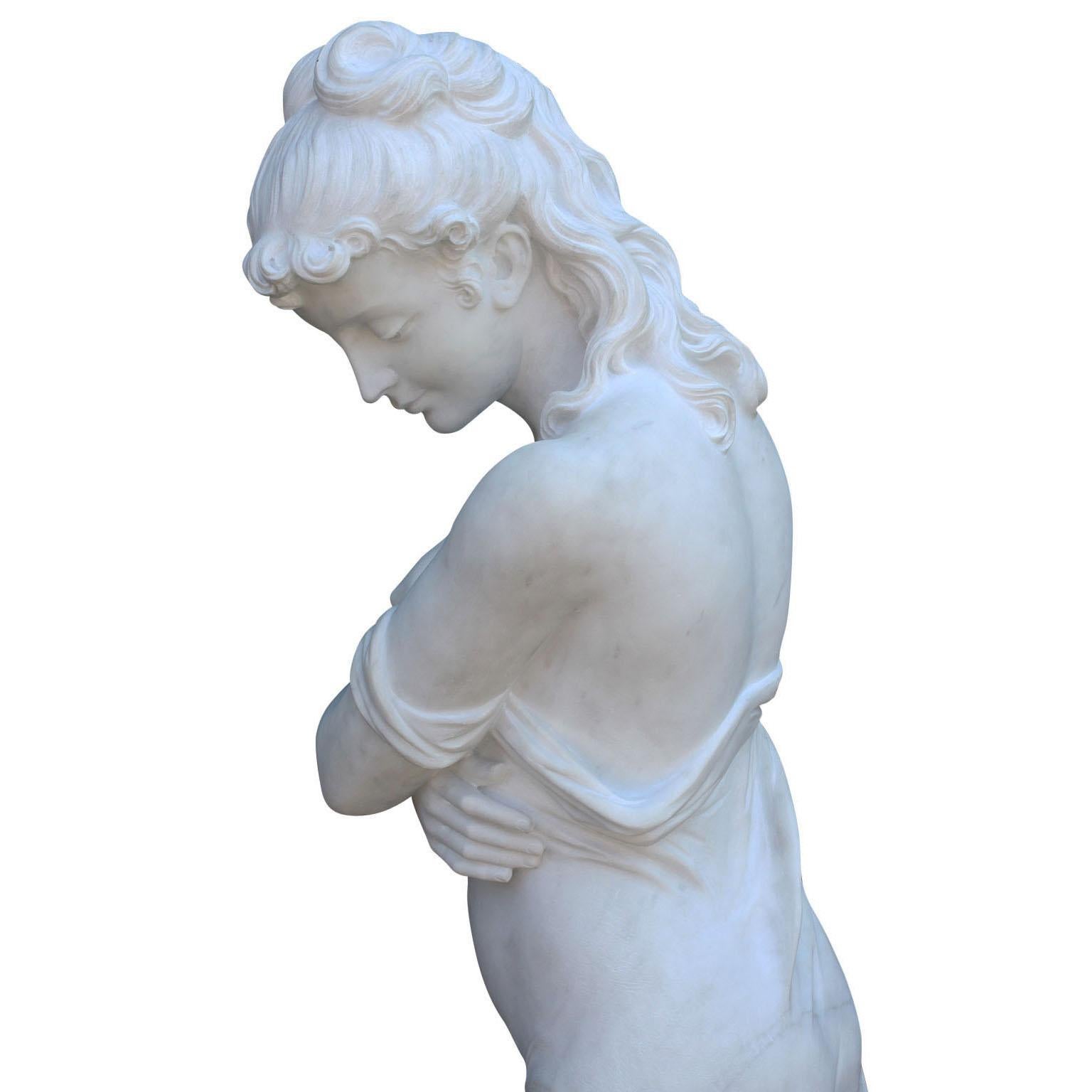 Lifesize Italian 20th Century Carved Carrara Marble Figure of a Semi-Nude Girl 5