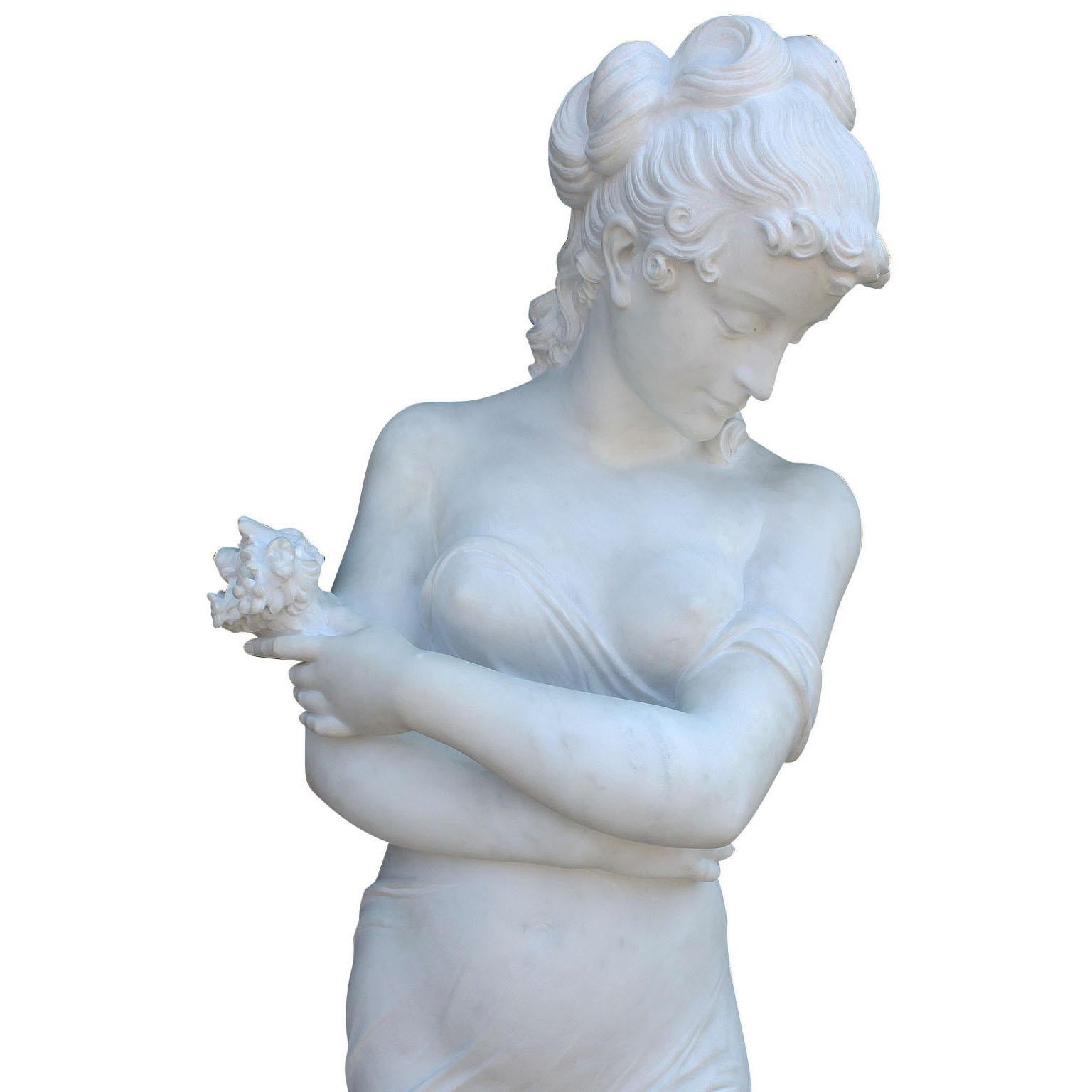 Classical Greek Lifesize Italian 20th Century Carved Carrara Marble Figure of a Semi-Nude Girl