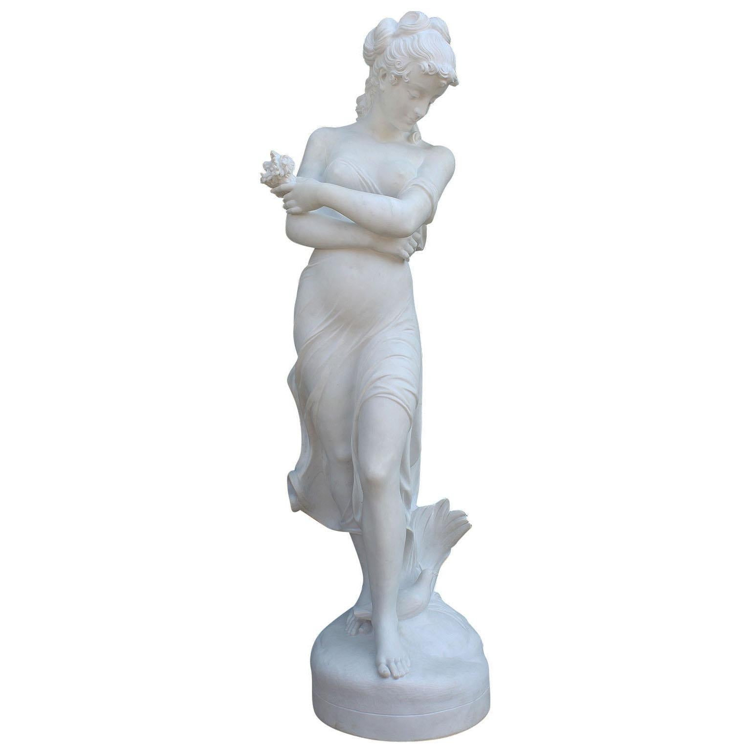Lifesize Italian 20th Century Carved Carrara Marble Figure of a Semi-Nude Girl