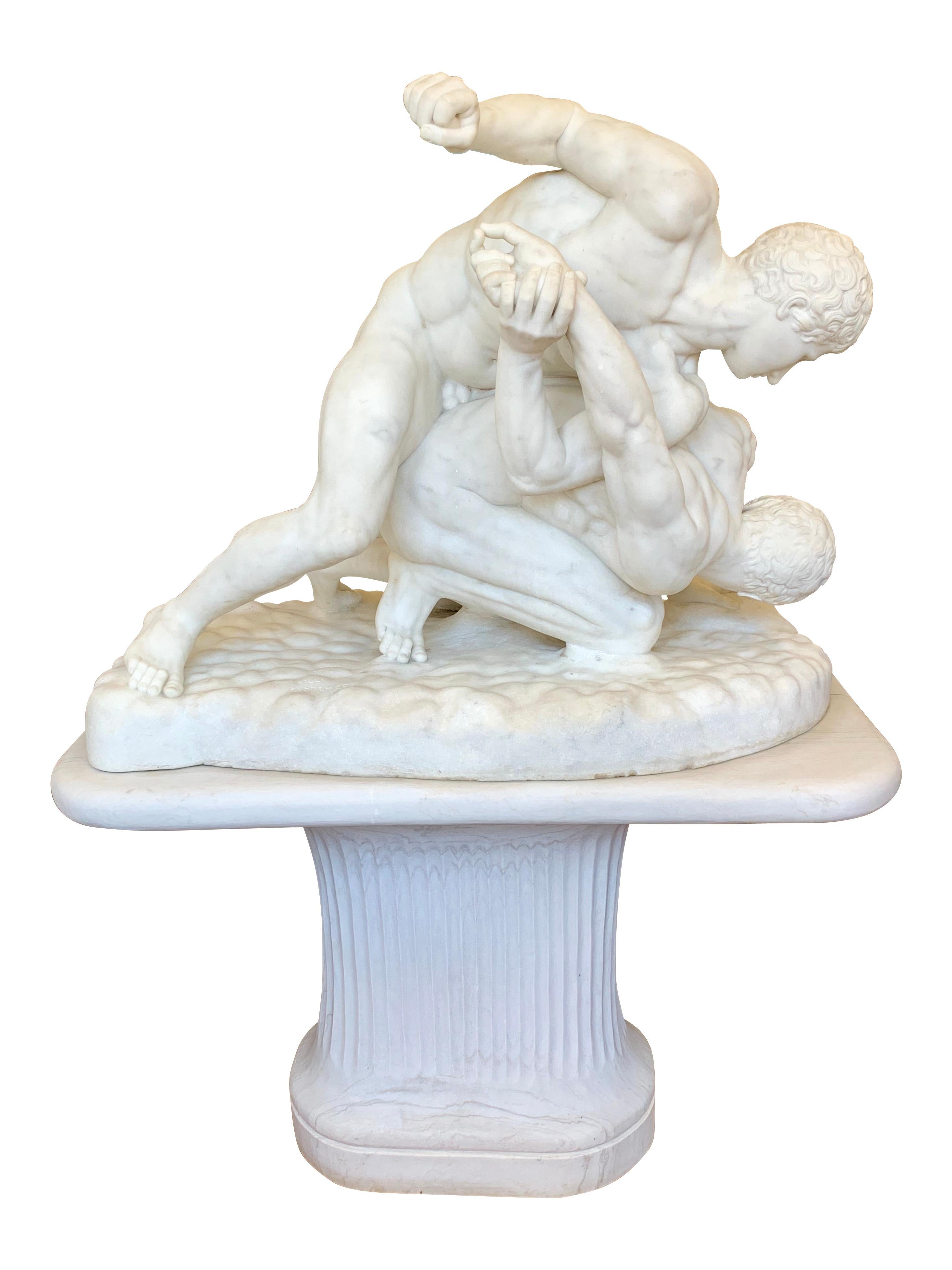 Sculpture italienne du 19ème siècle en marbre blanc intitulée « Les lutteurs » 