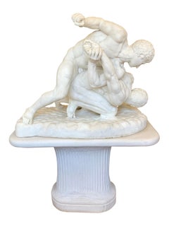 Life-Size Italian Carrara Marble Sculpture 'The Wrestlers' by a Frilli on Stand