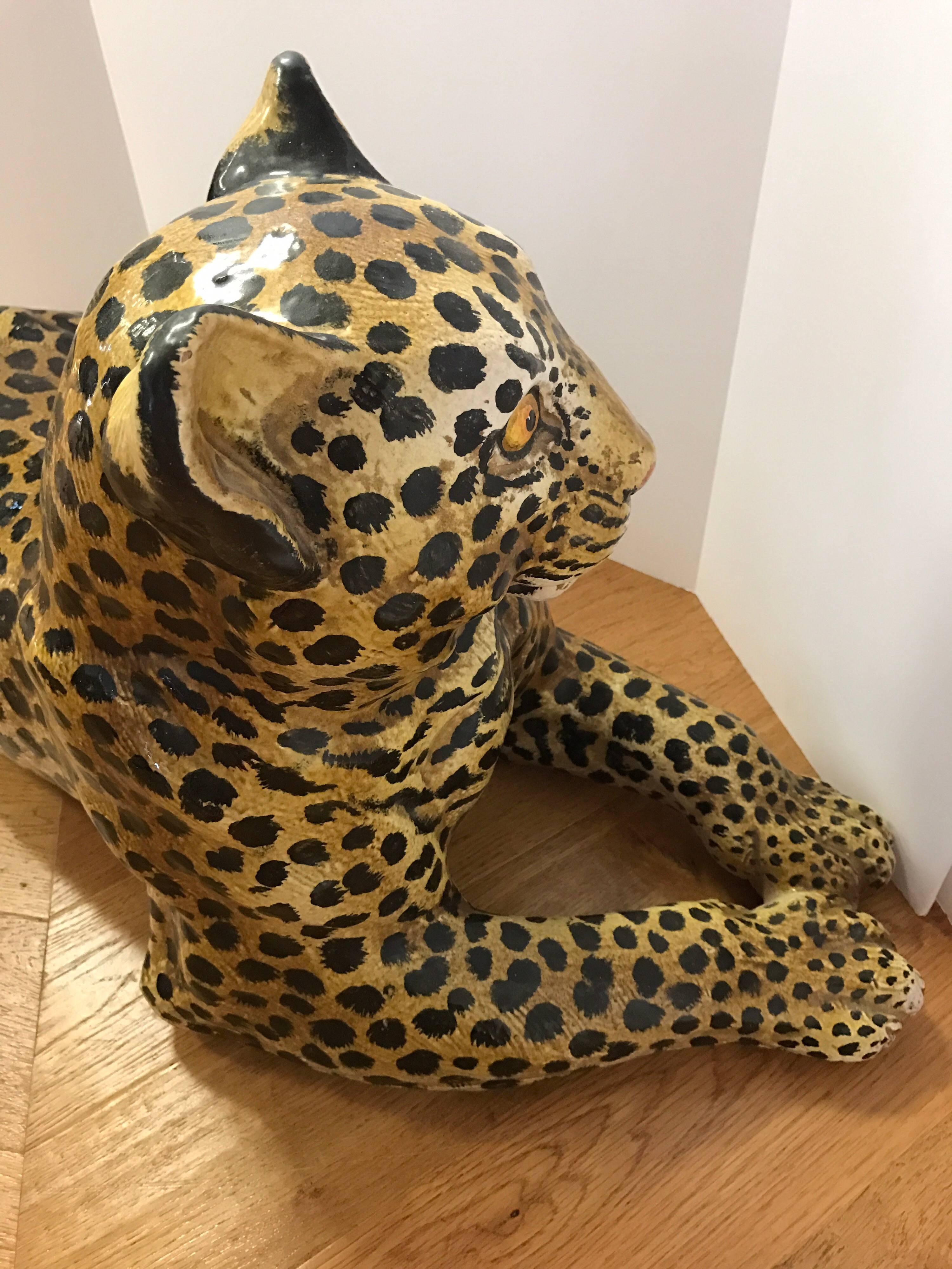 Mid-Century Modern Lifesize Italian Glazed Porcelain Crouching Leopard Tiger Sculpture Figurine