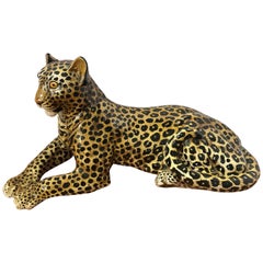Lifesize Italian Glazed Porcelain Crouching Leopard Tiger Sculpture Figurine