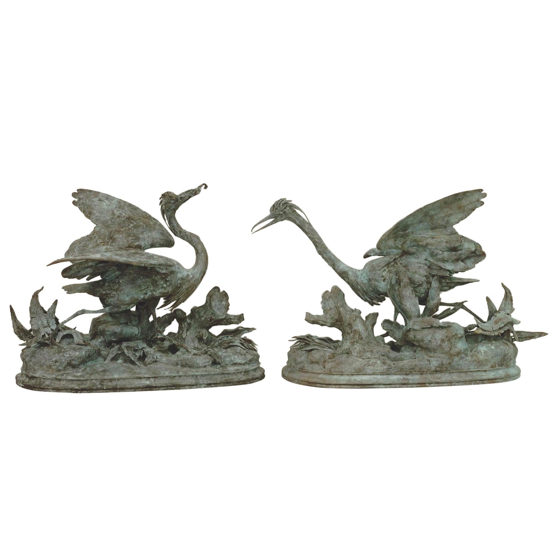Lifesize Pair of Original French Bronze Sculptures of Herons- Moigniez