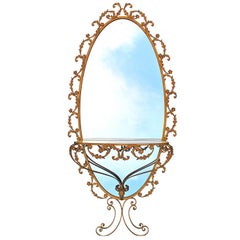 Lifesize, Gold Colored Oval Mirror and Console by G. Battista, circa 1950, Italy