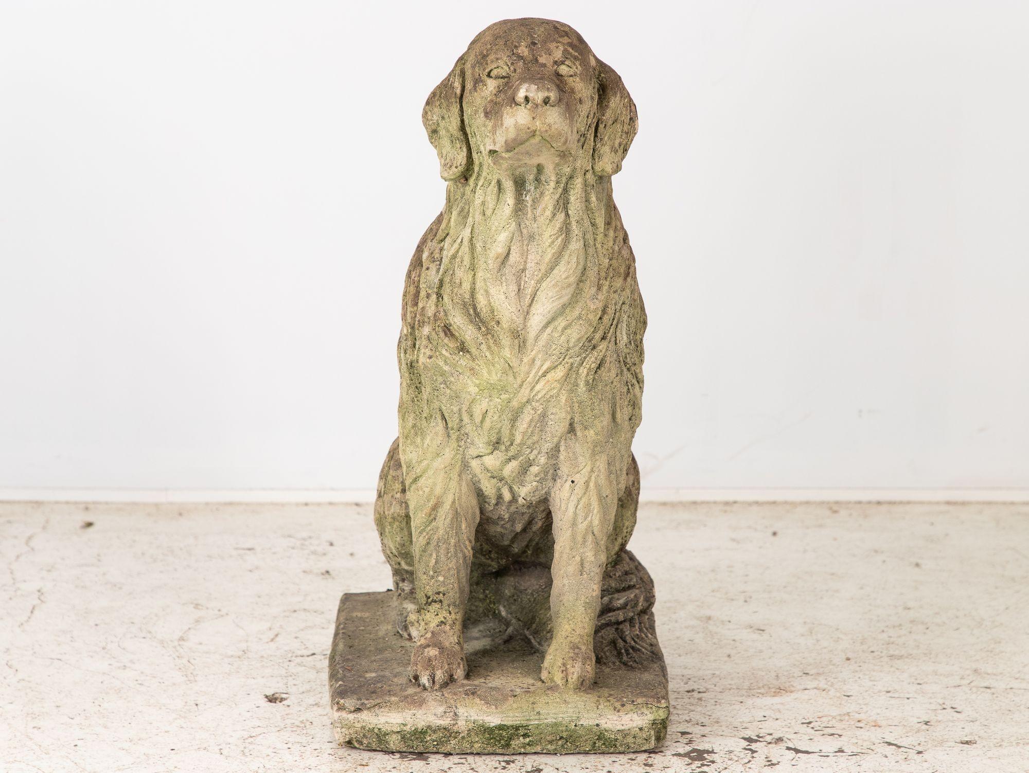 This life-sized Golden Retriever garden ornament, crafted from reconstituted stone, dates back to mid-20th century England. Its lifelike coat, intricately detailed to capture the breed's characteristic texture and warmth, has developed an honest