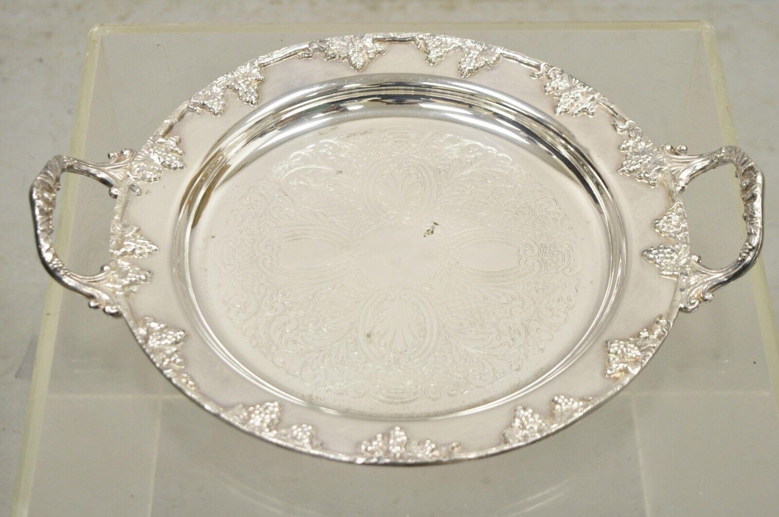 Lifetime Brand English Silver Plate Twin Handle Grapevine Round Serving Tray For Sale 1