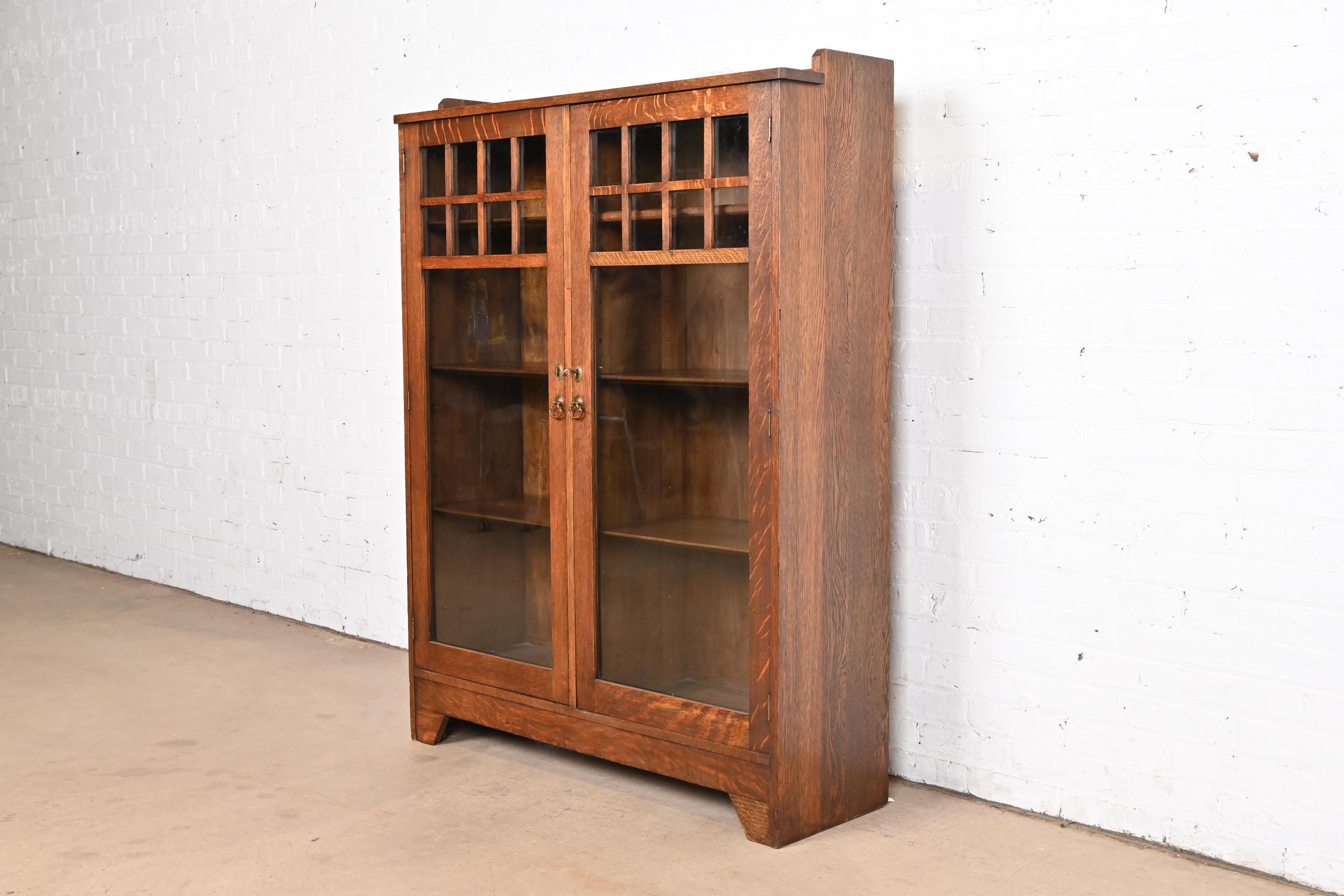 American Lifetime Furniture Mission Oak Arts & Crafts Glass Front Double Bookcase Cabinet For Sale
