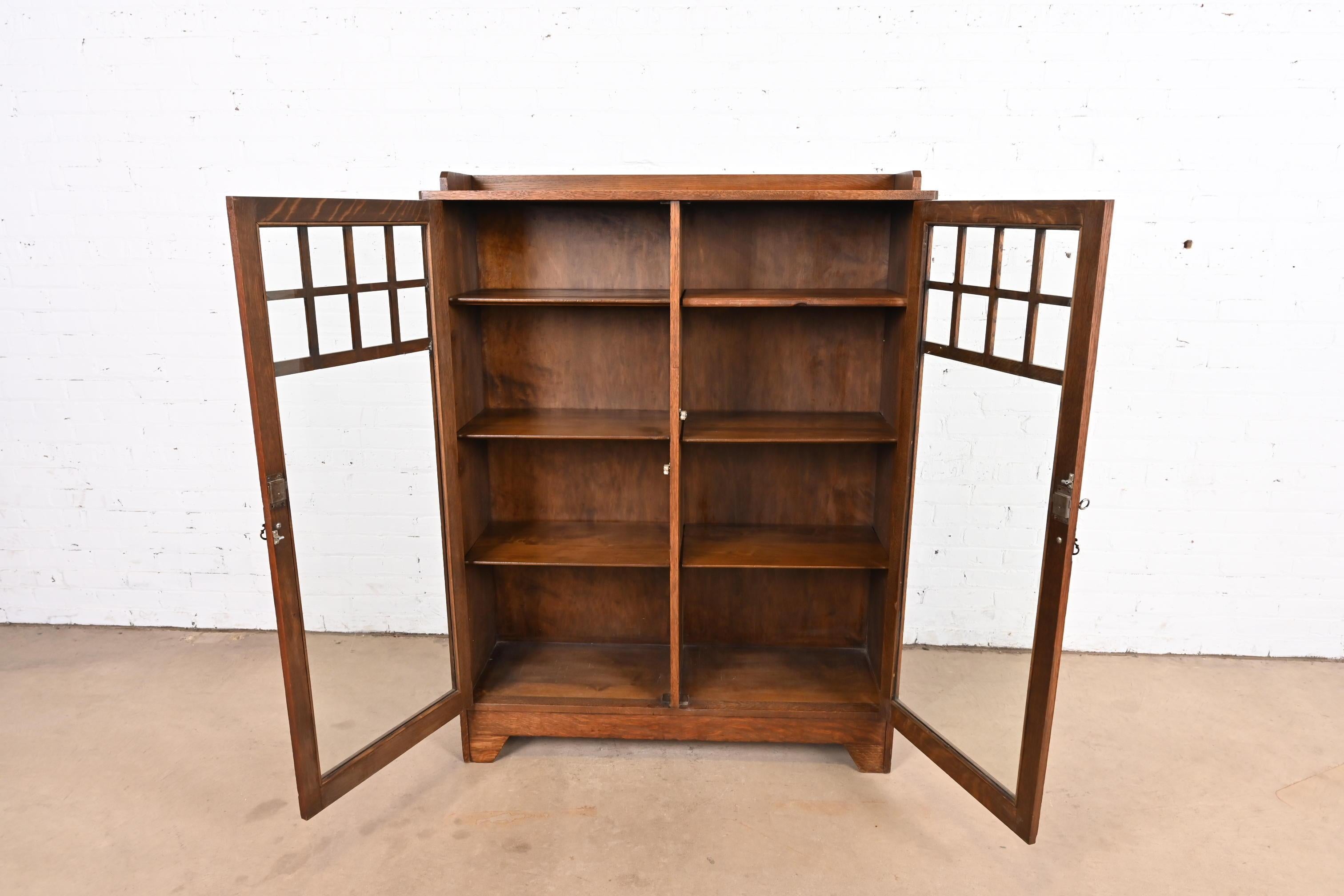 20th Century Lifetime Furniture Mission Oak Arts & Crafts Glass Front Double Bookcase Cabinet For Sale