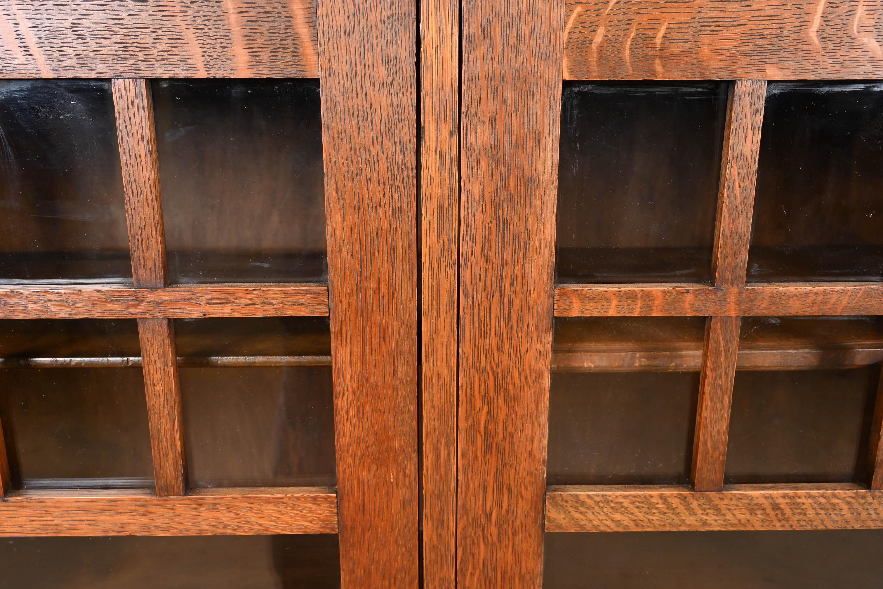 Brass Lifetime Furniture Mission Oak Arts & Crafts Glass Front Double Bookcase Cabinet For Sale