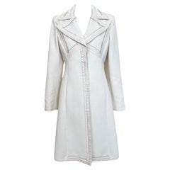 Lifetime Gianni Versace Couture 1990
s Ivory Wool Coat with Leather Trim