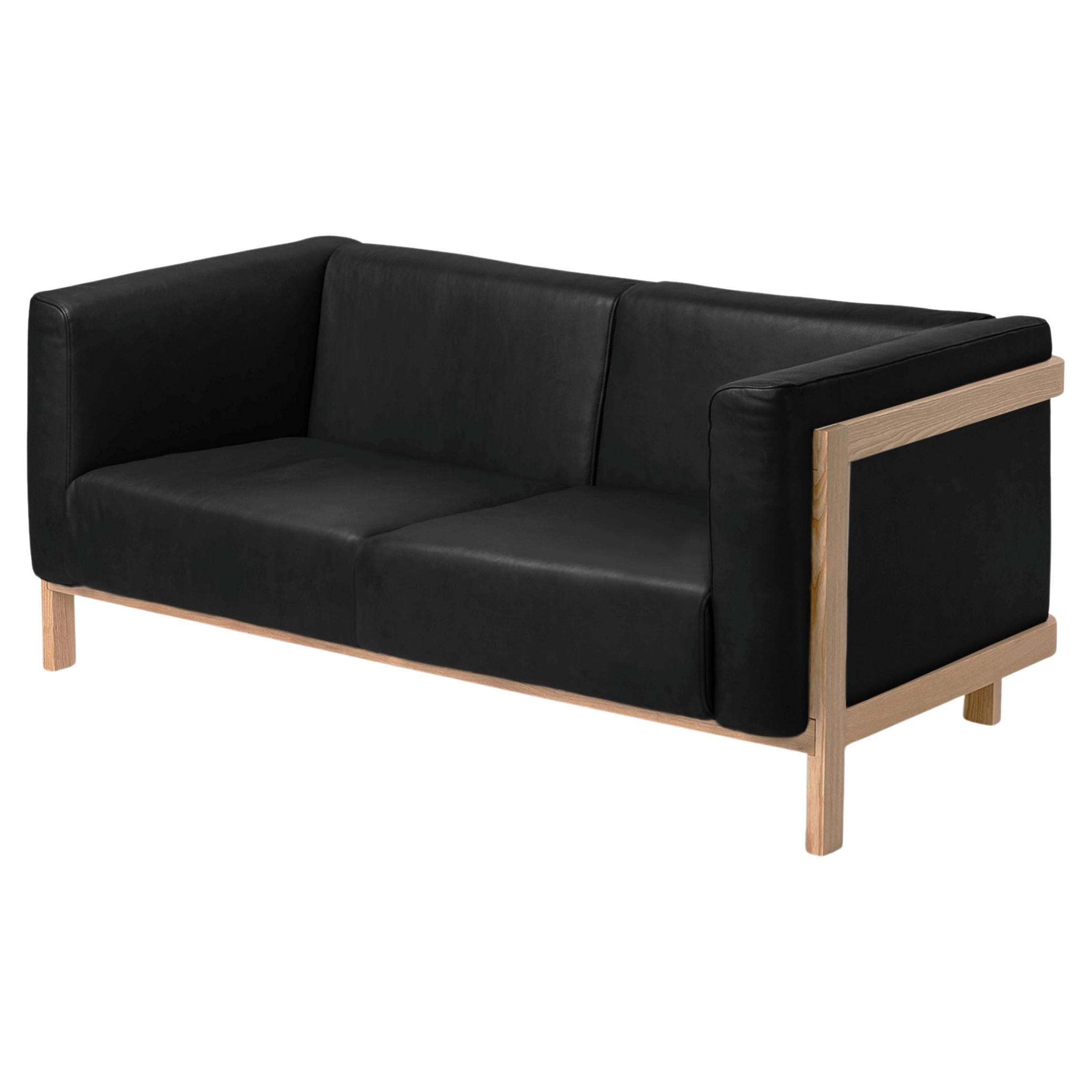 LIFT - Minimalistisches 2-Sitzer Sofa aus massivem Eschenholz und schwarzem Ledersitz