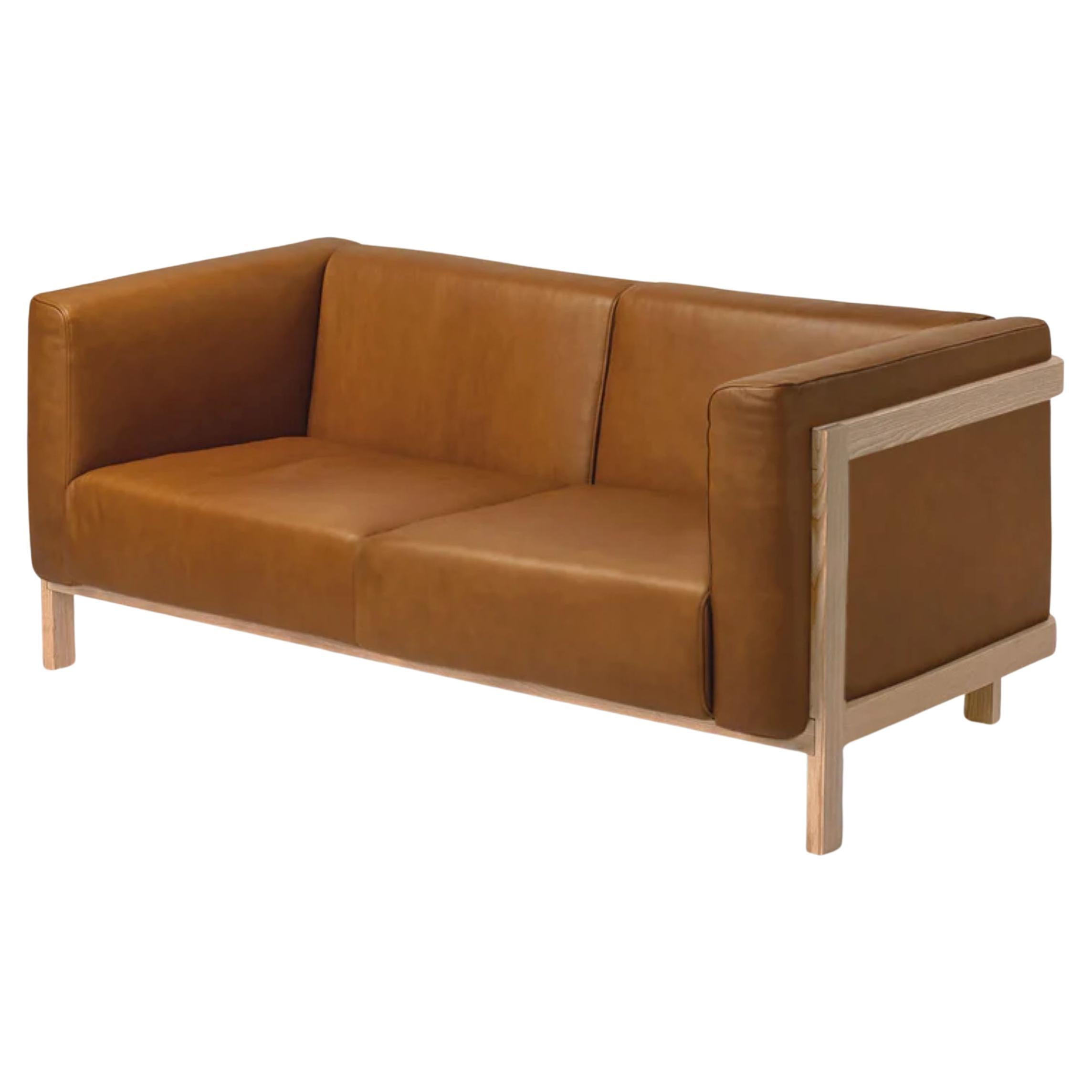 LIFT - Minimalist 2 Seats Sofa in Solid Ash Wood and Camel Leather Seat