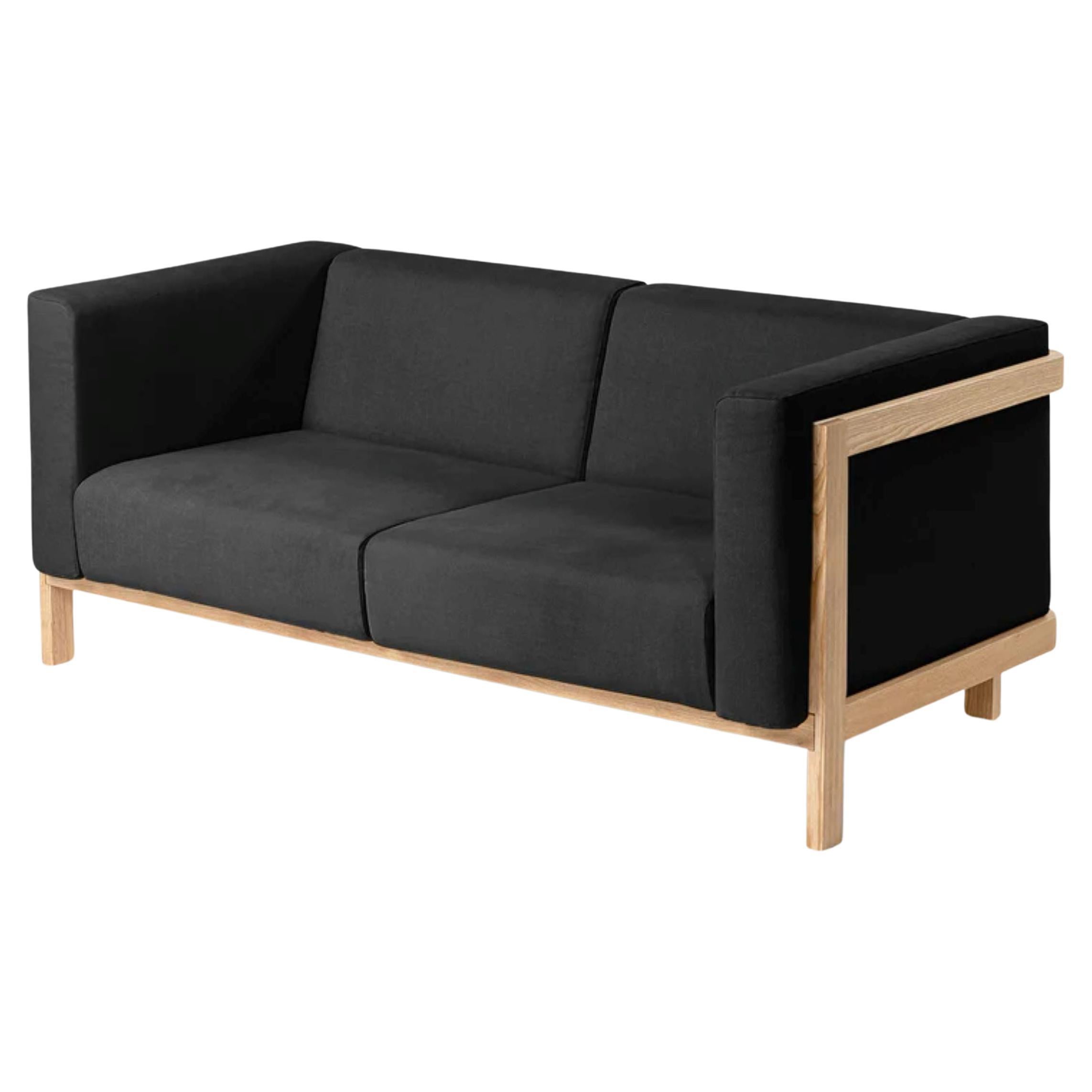 LIFT - Minimalist 2 Seats Sofa in Solid Oak Wood and Anthracite Fabric Seat