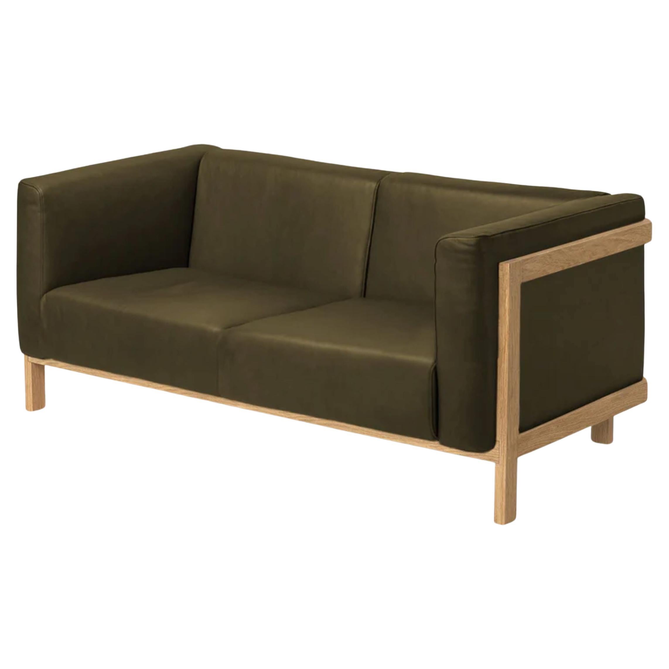 LIFT - Minimalist 2 Seats Sofa in Solid Oak Wood and Bosco Leather Seat