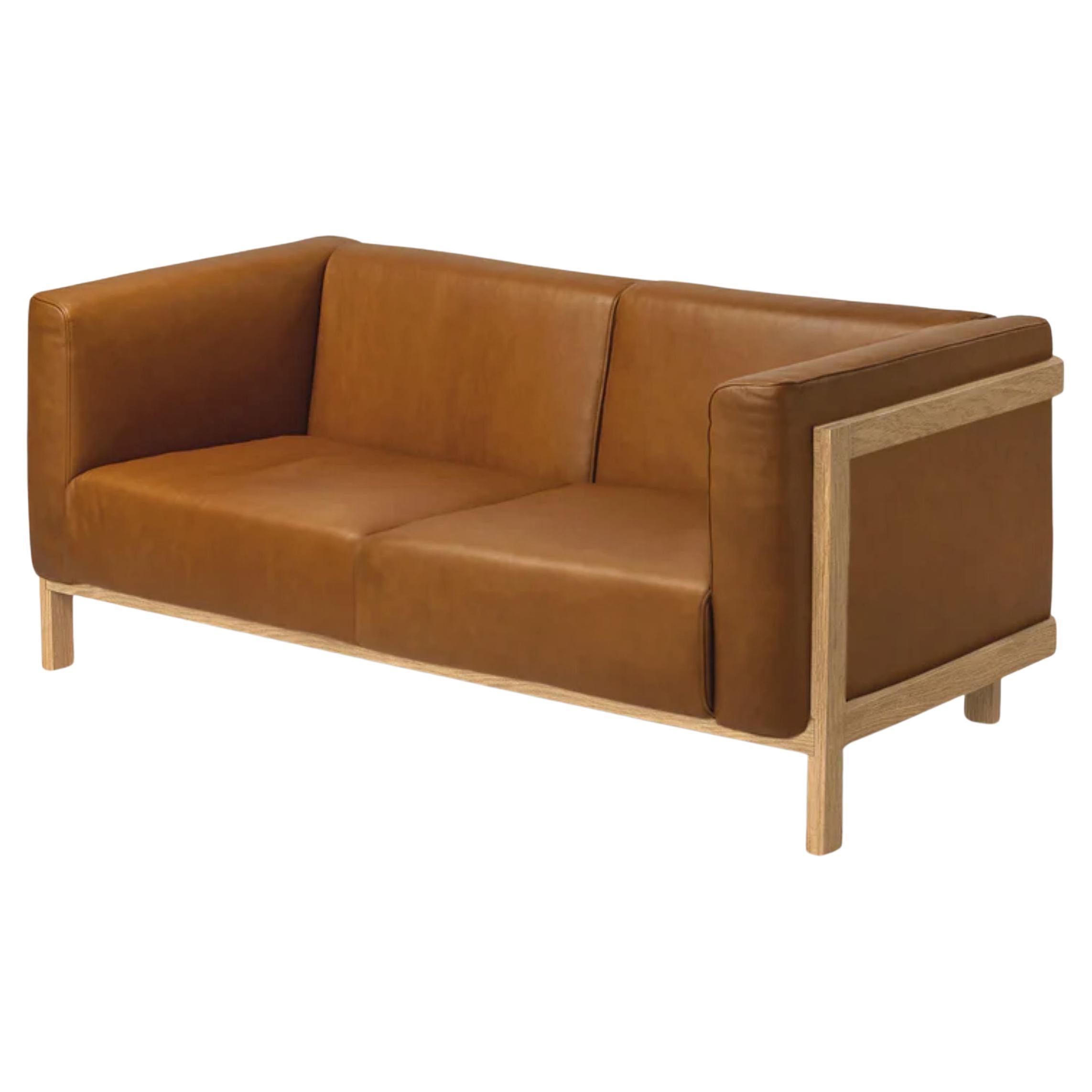 LIFT - Minimalist 2 Seats Sofa in Solid Oak Wood and Camel Leather Seat