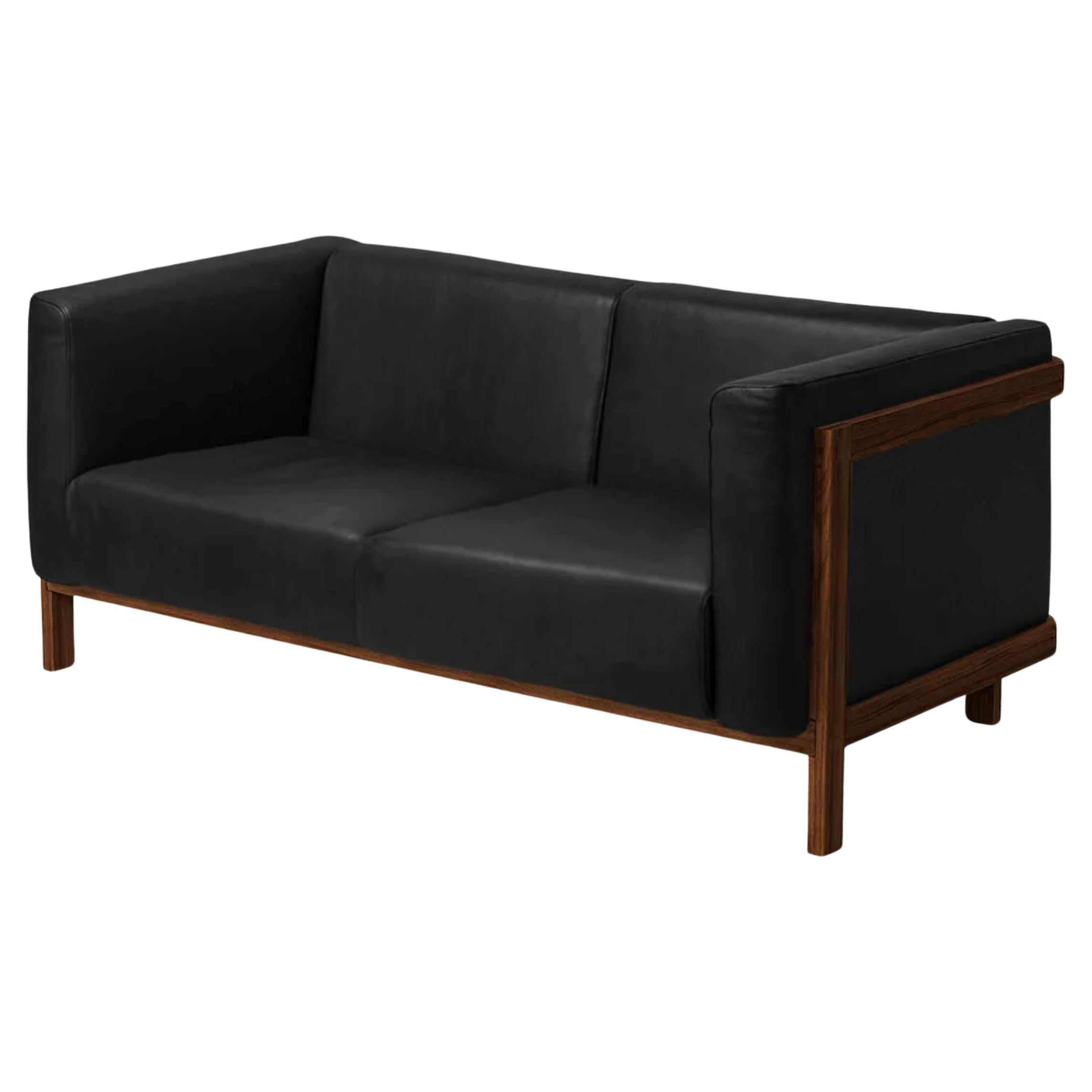 LIFT - Minimalist 2 Seats Sofa in Solid Walnut Wood and Black Leather Seat For Sale
