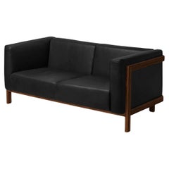 LIFT - Minimalist 2 Seats Sofa in Solid Walnut Wood and Black Leather Seat