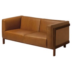 LIFT - Minimalist 2 Seats Sofa in Solid Walnut Wood and Camel Leather Seat